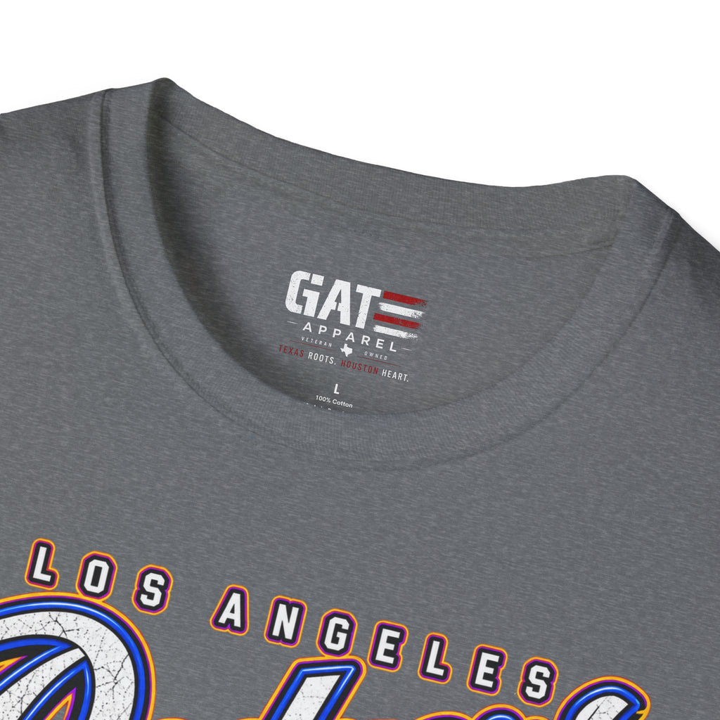 heather grey Kobe Bryant Dodgers LA Black Mamba tribute T-shirt, neckline and GAT label close-up