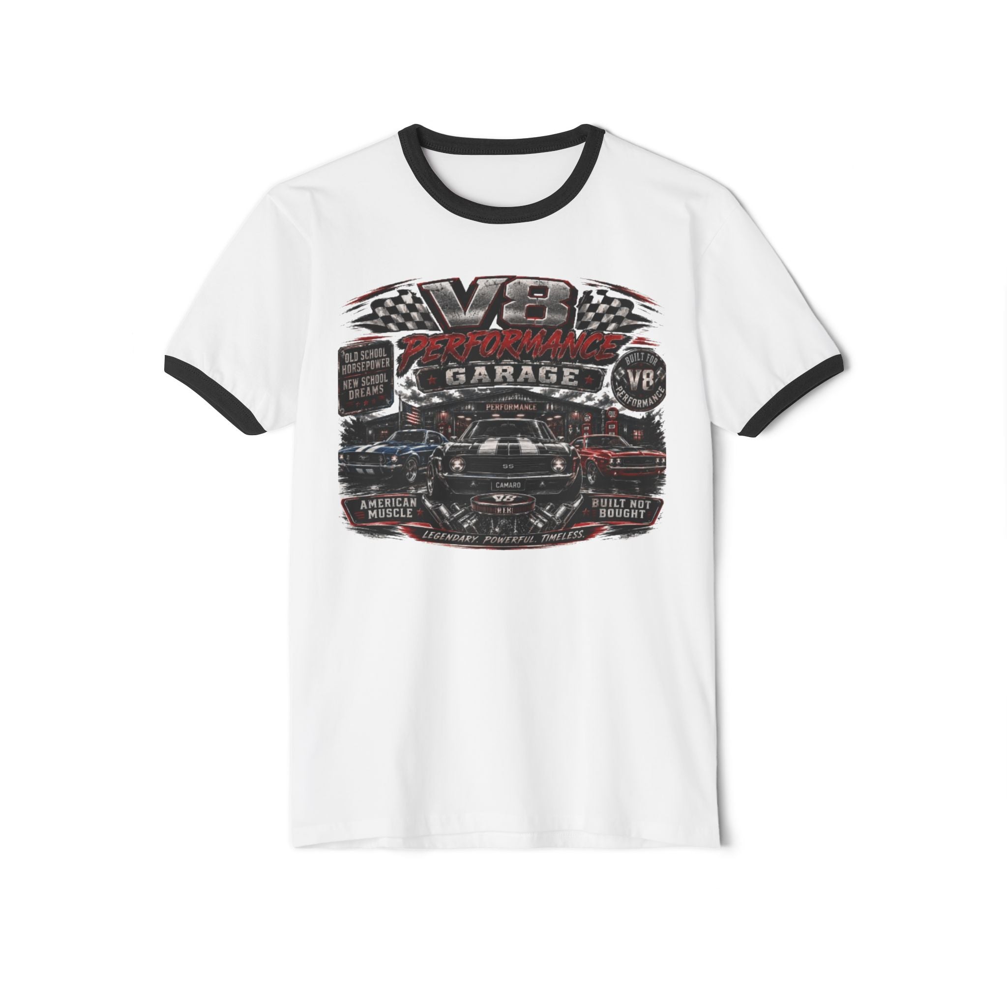Vintage V8 Garage Ringer Tee – Classic Car Mechanic Shirt
