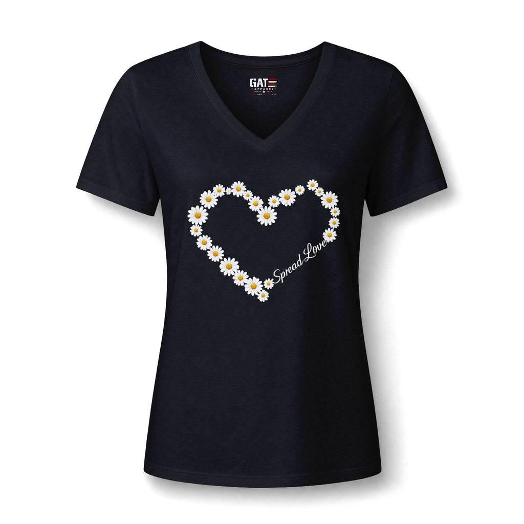 Women's Daisy Heart V-Neck Tee — 'Spread Love' Floral Graphic