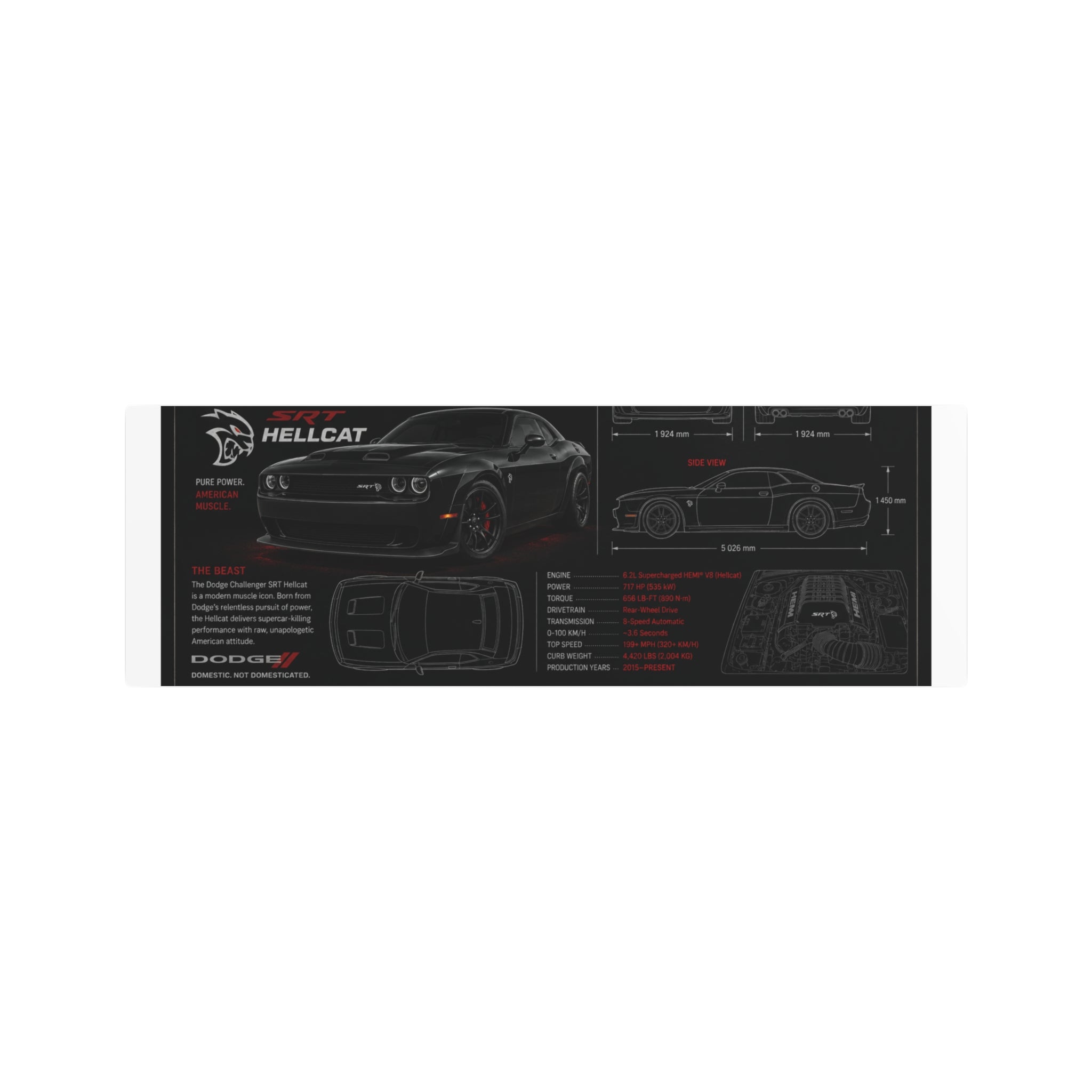 Dodge Challenger Hellcat Blueprint Metal Art Sign – Automotive Garage Poster