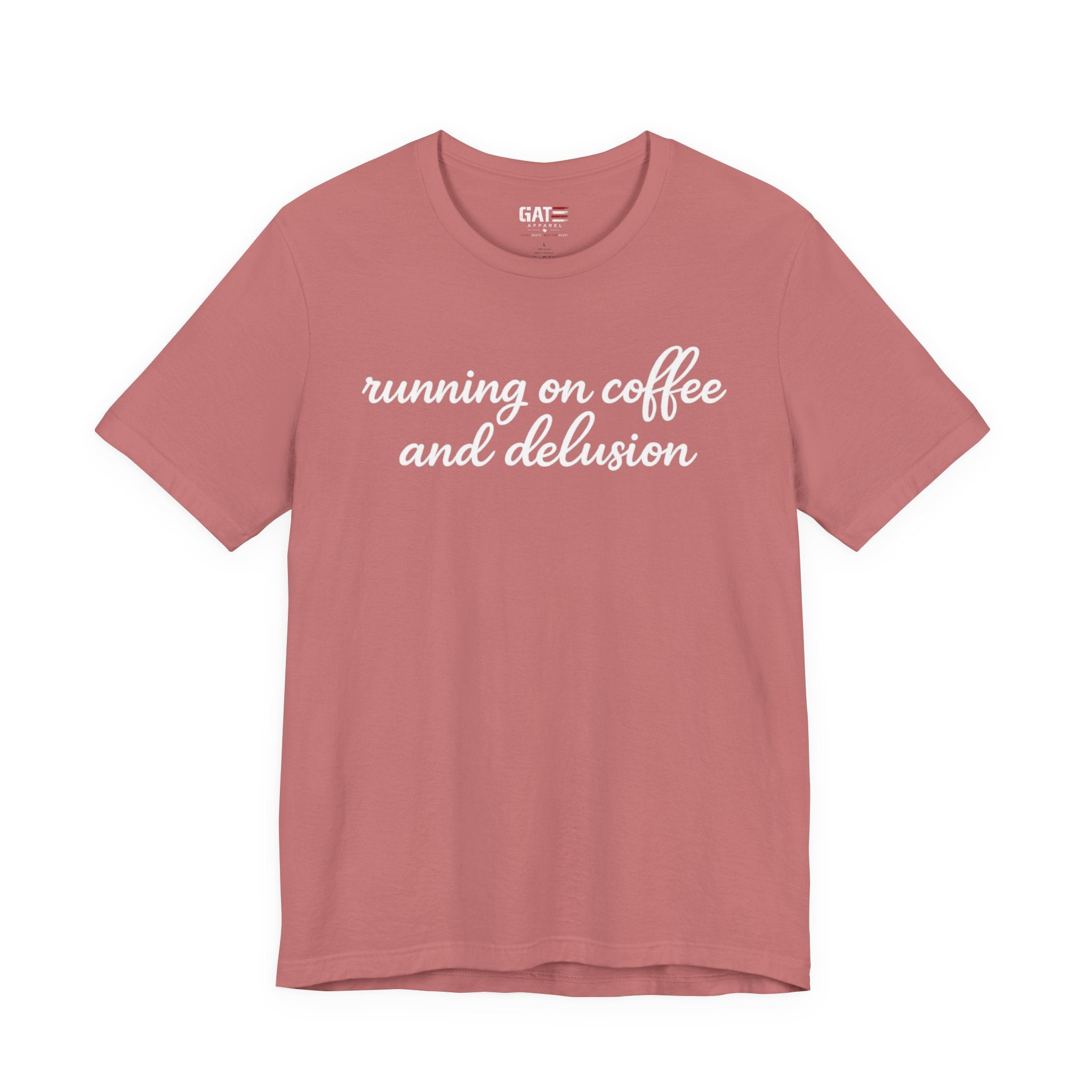 Running on Coffee and Delusion Shirt, Funny Coffee Lover Tee, Sarcastic Minimalist Shirt, Trendy Script Graphic Tee