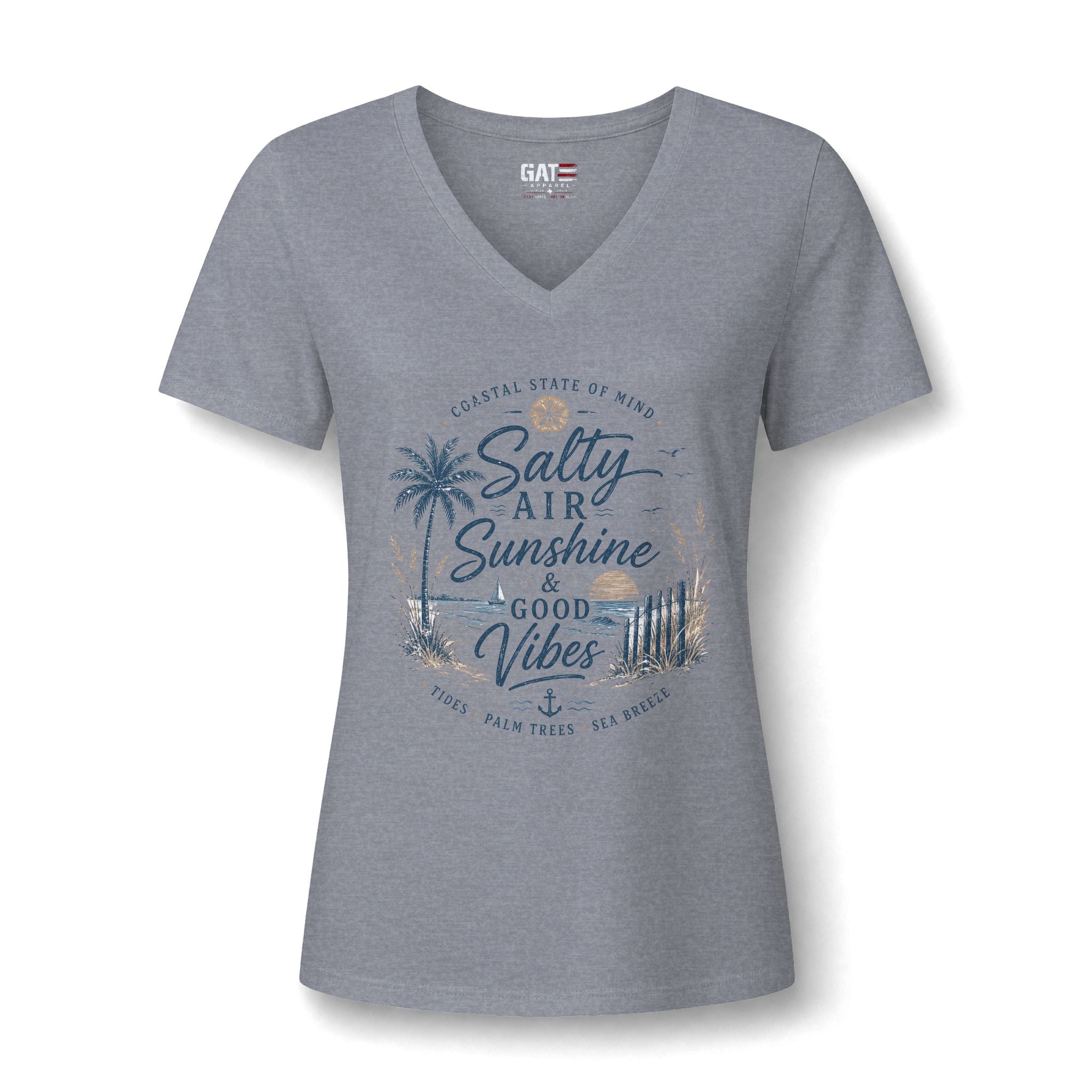 Women's V-Neck Tee — "Salty Air, Sunshine & Good Vibes" Beach Graphic