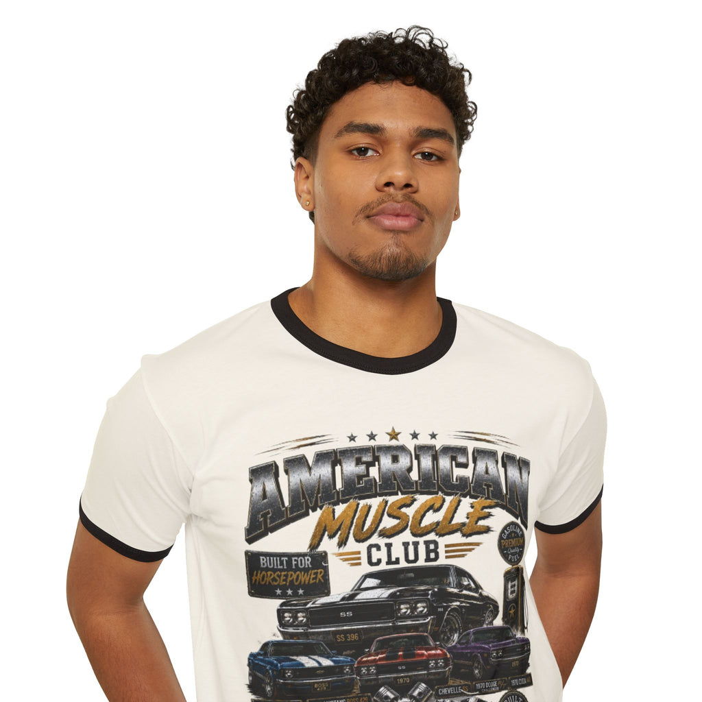 Muscle Car Ringer T-Shirt — "American Muscle Club" Vintage Auto Graphic