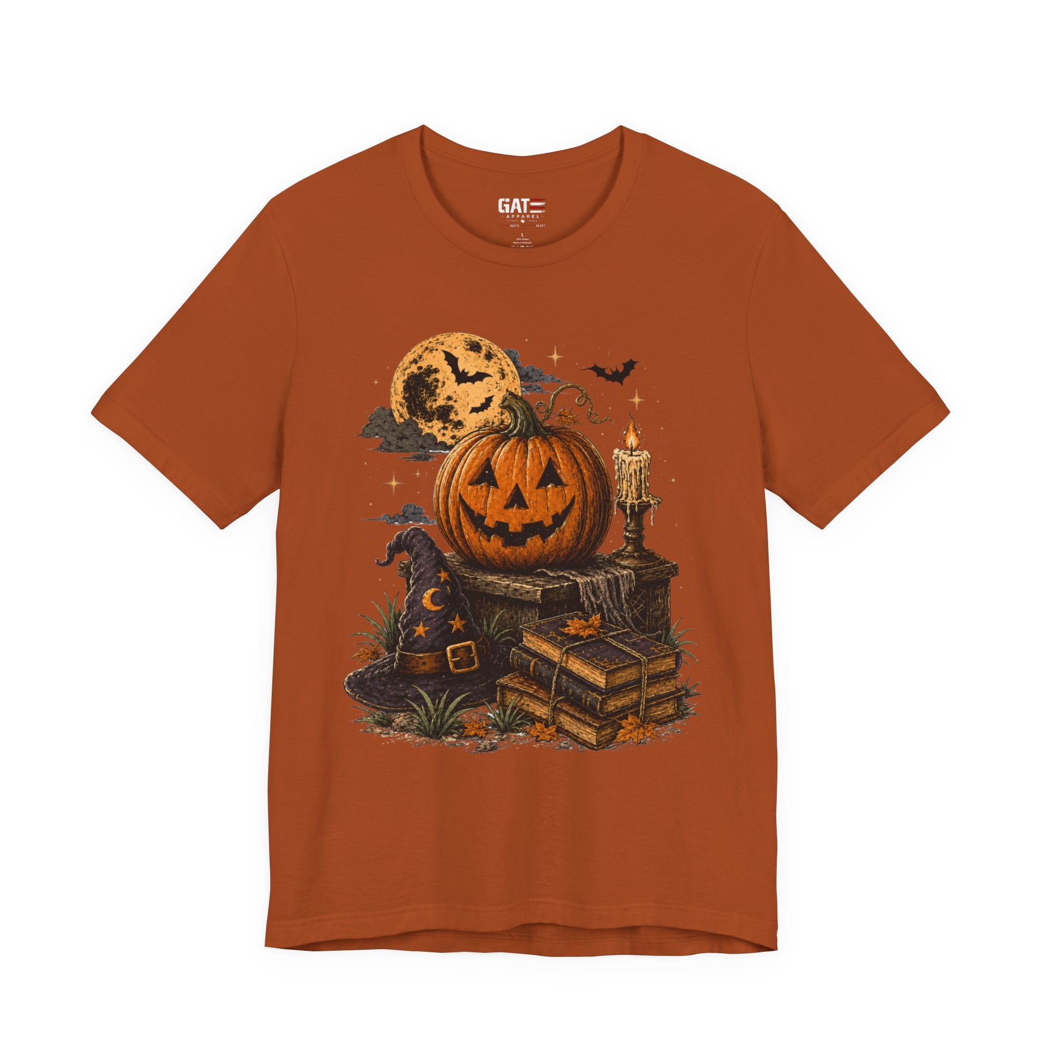 Halloween Pumpkin Stack T‑Shirt — Jack‑O‑Lantern, Books & Moon Graphic Tee