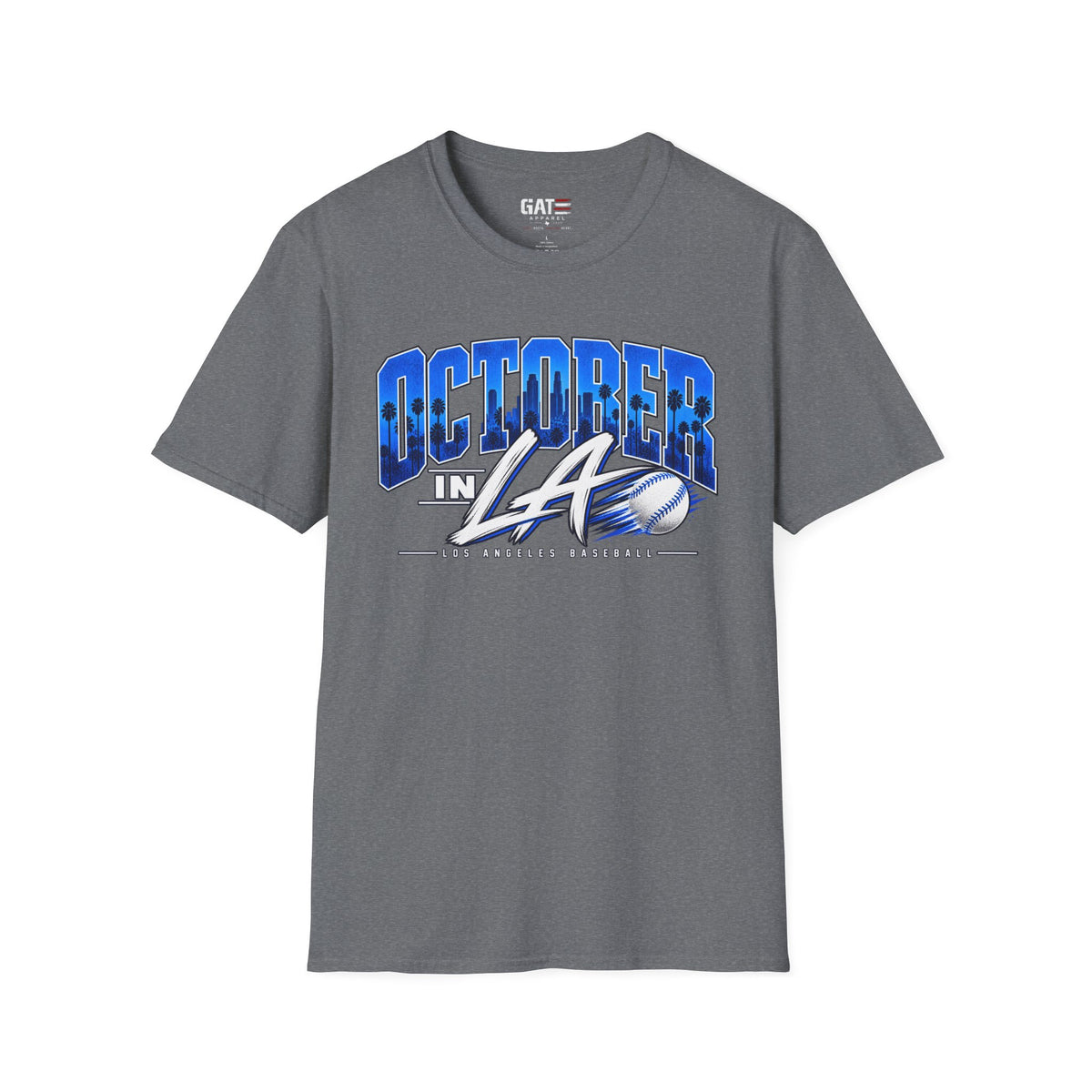 October in LA baseball graphic T-shirt, heather grey front view