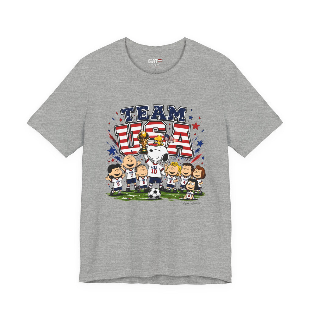 Team USA Soccer Peanuts Gang Shirt Patriotic Snoopy & Friends World Cup Celebration Tee