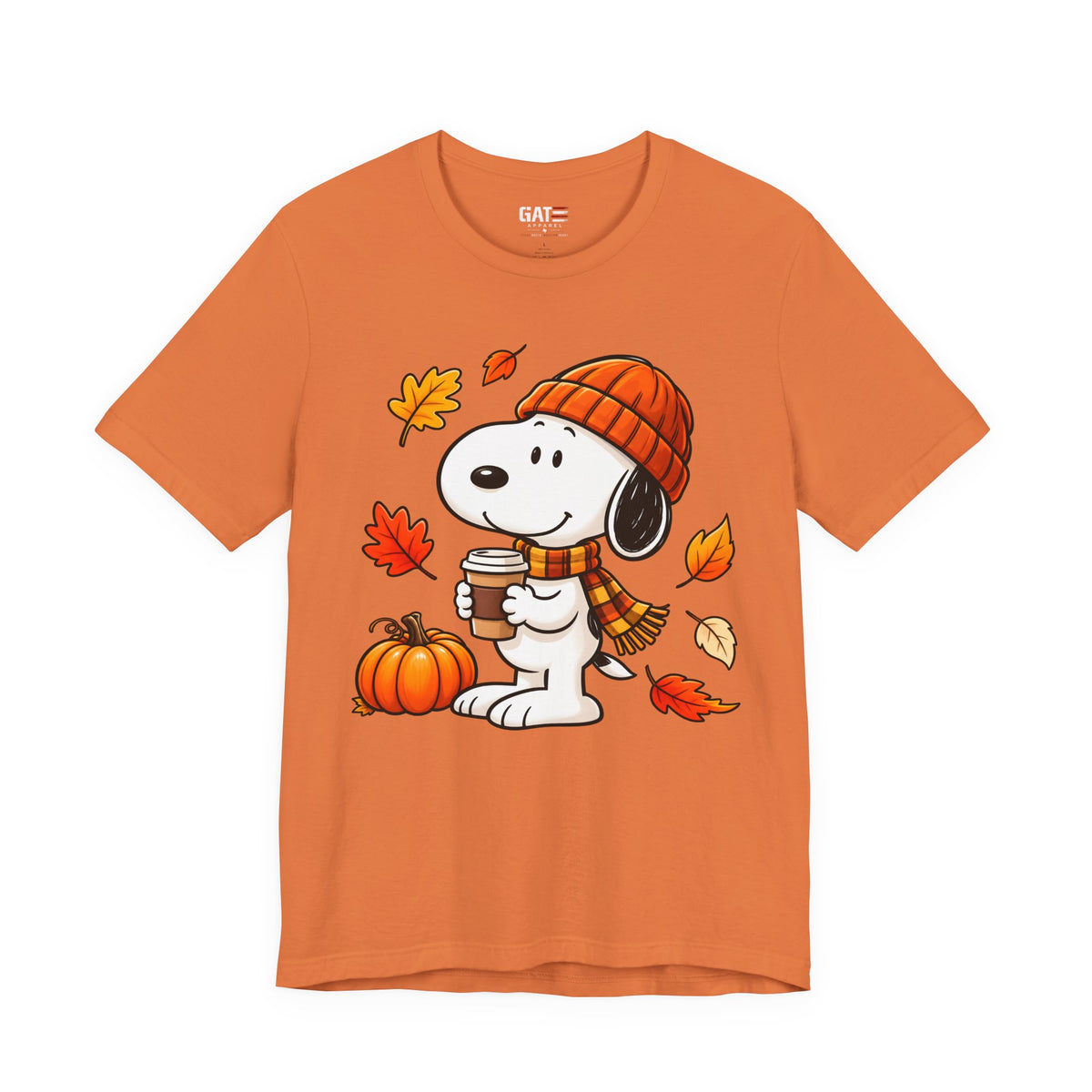 Snoopy coffee, pumpkins and autumn leaves graphic T-shirt, orange front view