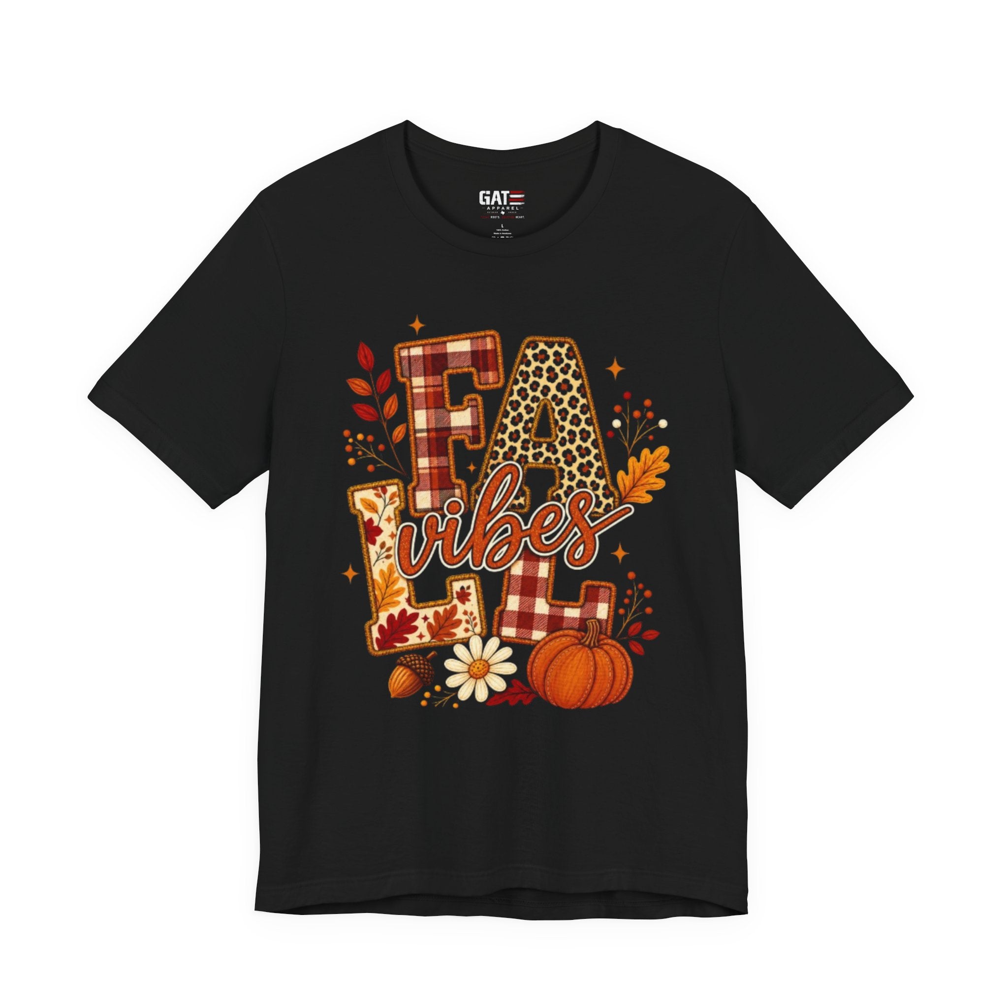 Fall Vibes T-Shirt – Pumpkin & Plaid Autumn Graphic Tee