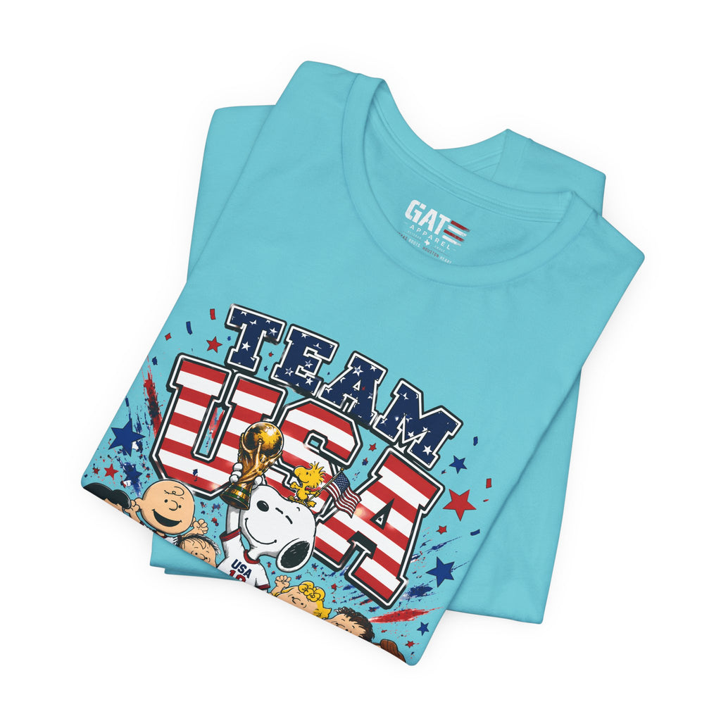Team USA Soccer Peanuts Gang Shirt Patriotic Snoopy & Friends World Cup Celebration Tee