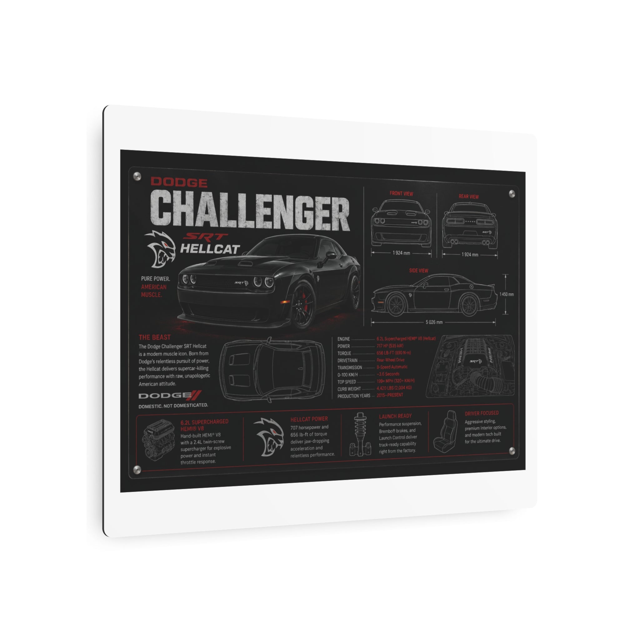 Dodge Challenger Hellcat Blueprint Metal Art Sign – Automotive Garage Poster
