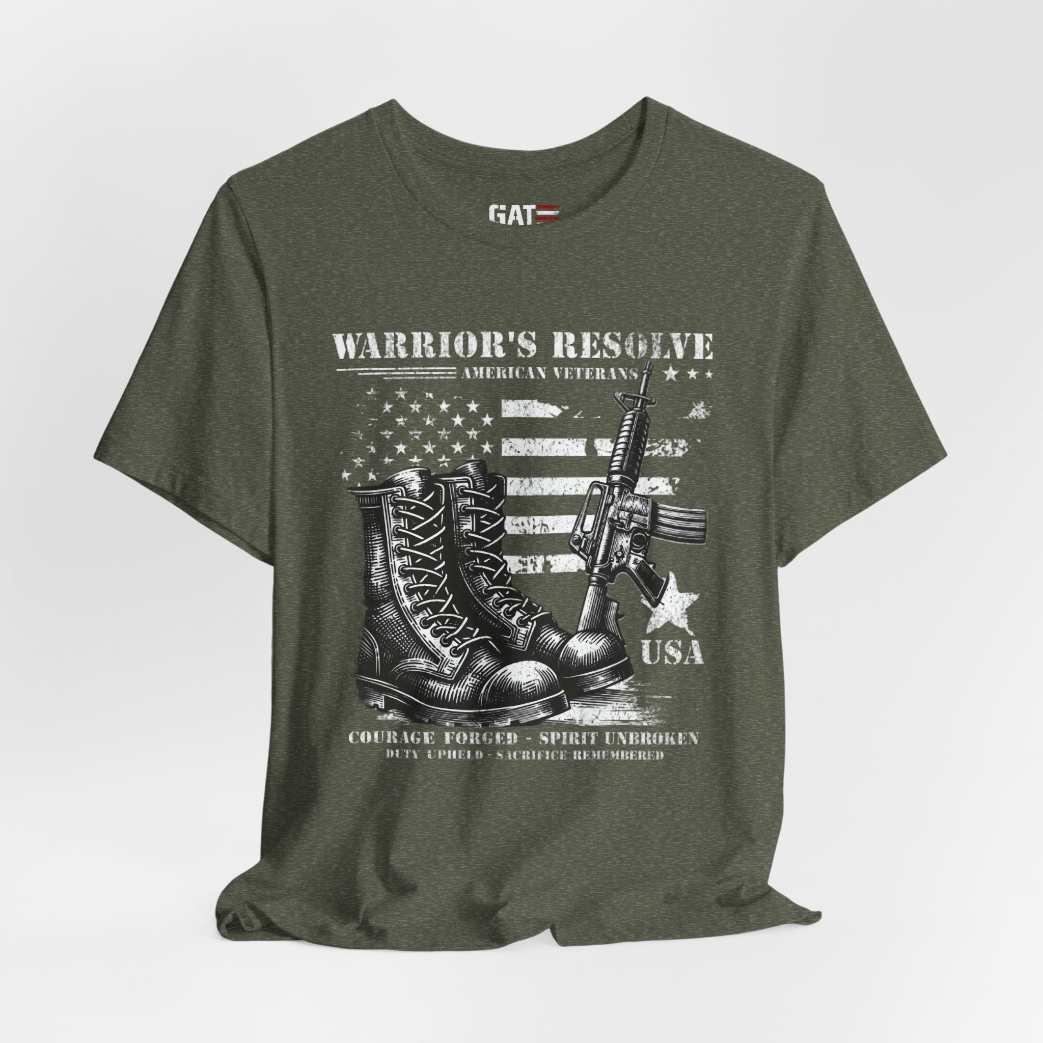 Warrior's Resolve Boots & Flag graphic Tee | Veteran USA Military Shirt