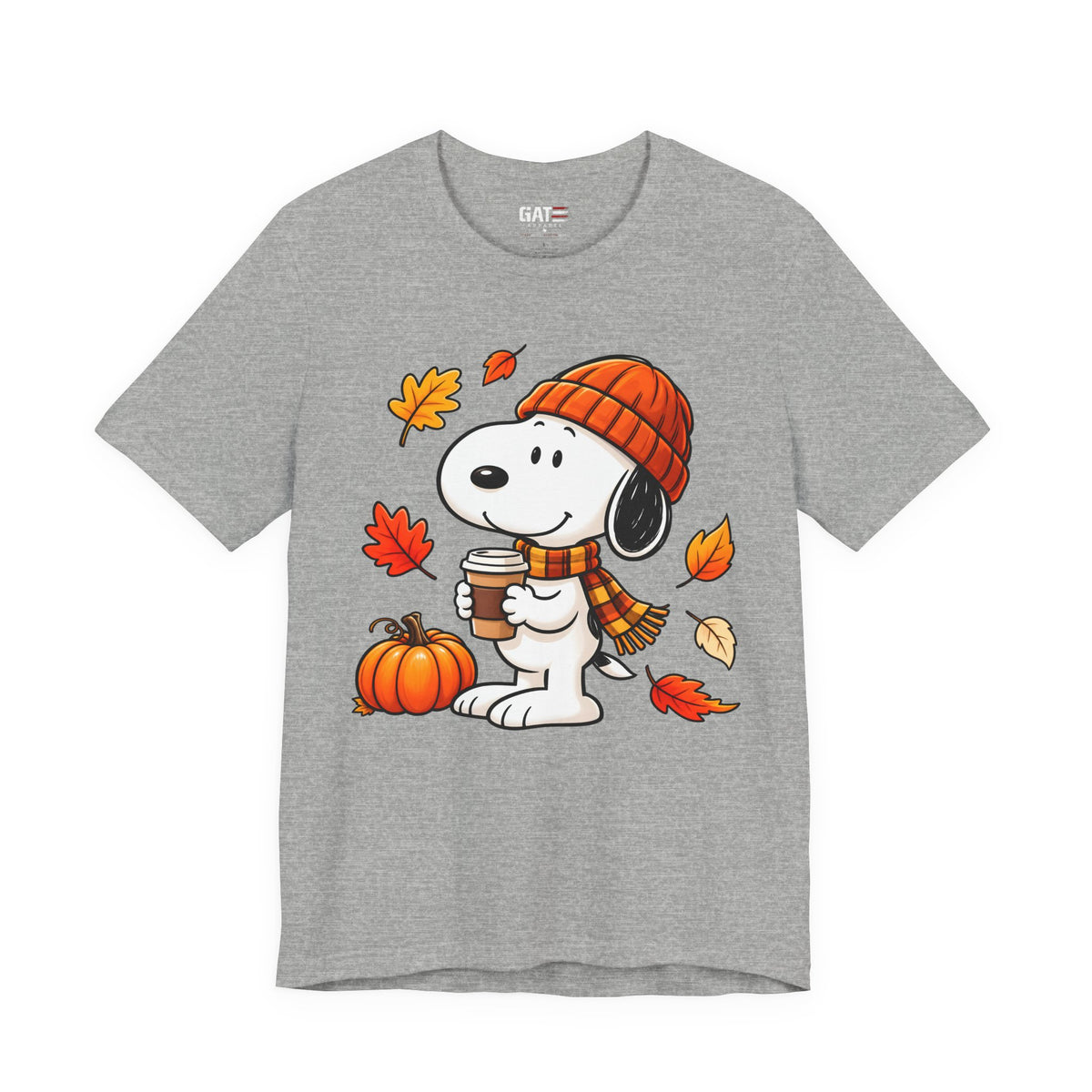 Snoopy coffee, pumpkins and autumn leaves graphic T-shirt, heather grey front view