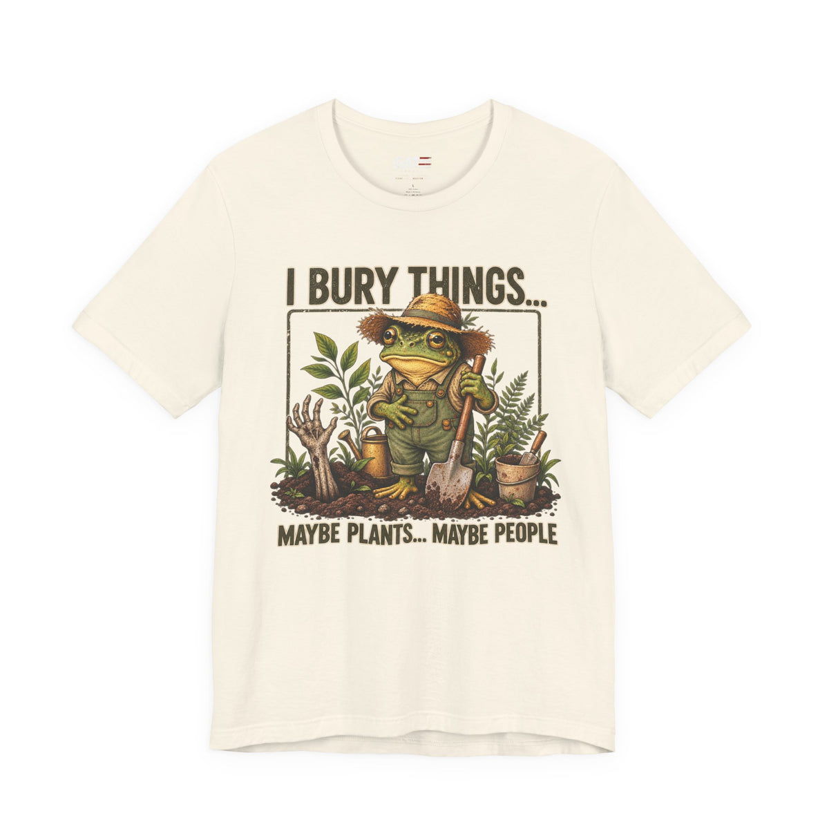 Gardener frog dark humor graphic tee mockup