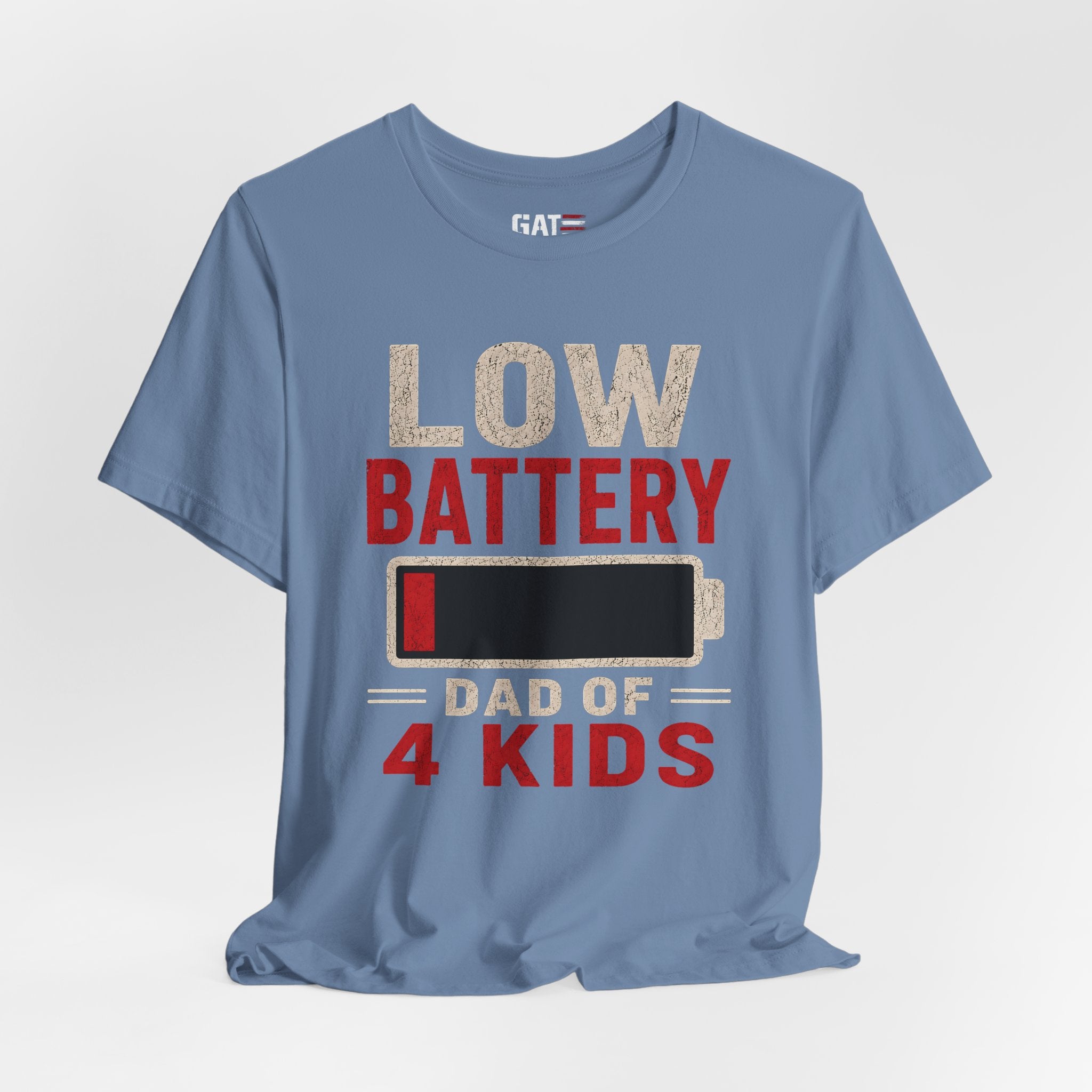 Low Battery Dad of 4 Kids Shirt, Funny Tired Dad Tee, Father of Four Gift, Parenting Humor Shirt, Exhausted Dad Graphic Tee