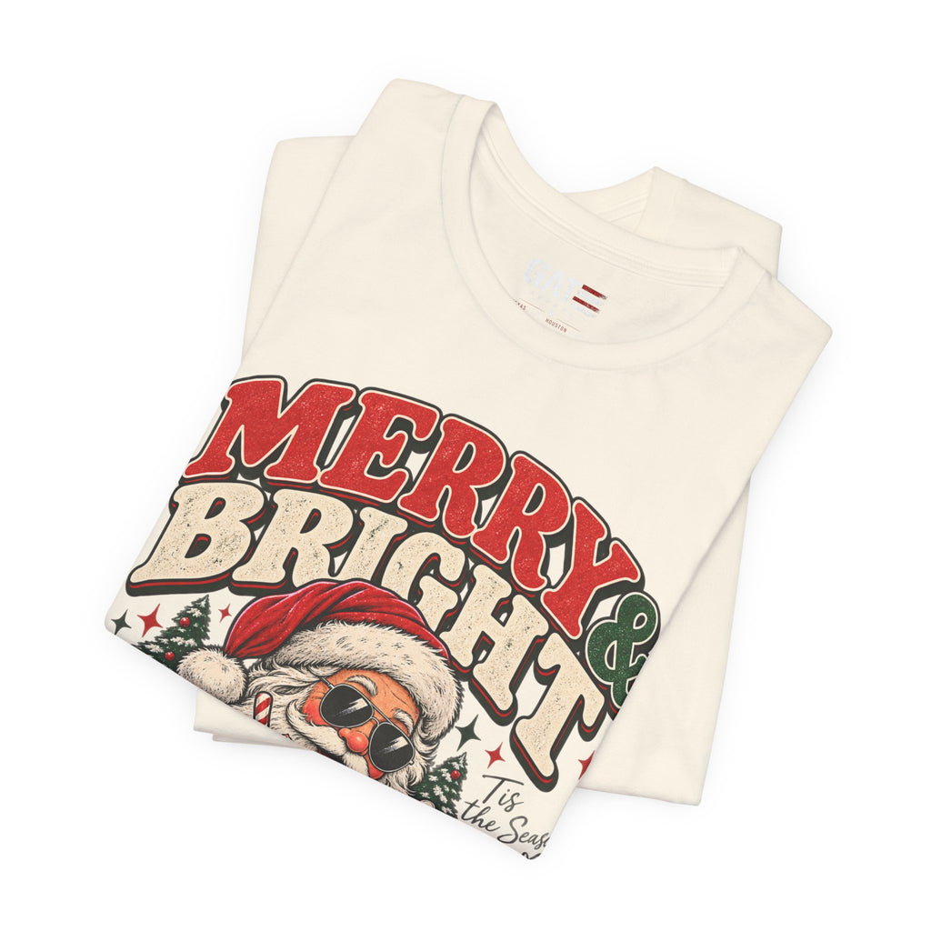 Merry & Bright Santa Tee – Retro Christmas Short Sleeve Shirt
