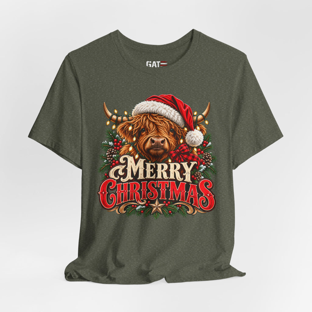 olive green Highland cow Santa hat Merry Christmas graphic T-shirt, styled front view