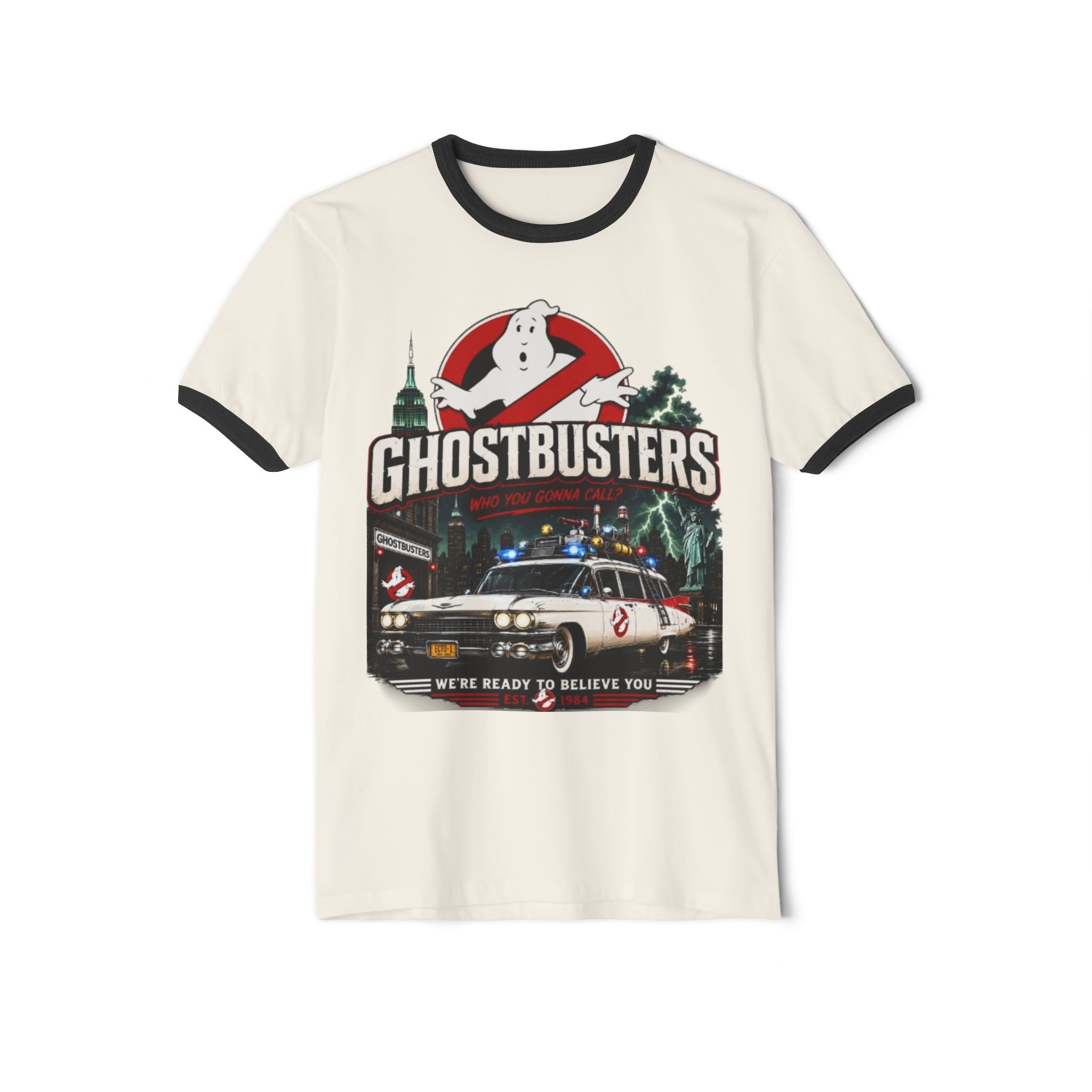 Ghostbusters Vintage Ringer T-Shirt — Ecto-1 Logo "We're Ready to Believe You"