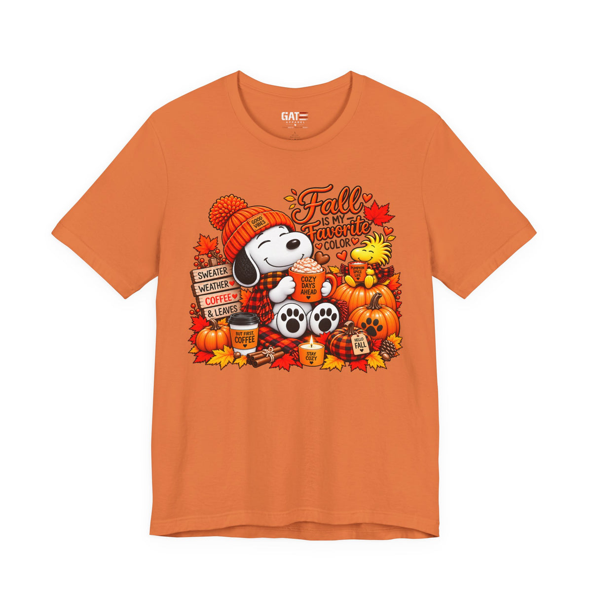 Snoopy Fall Is in the Air pumpkin graphic T-shirt, orange front view