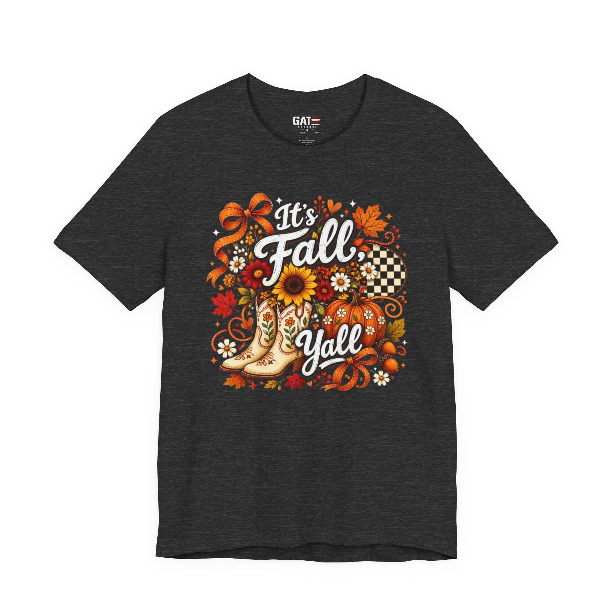Fall Y'all Tee — Autumn Boots, Sunflowers & Plaid Graphic T-Shirt