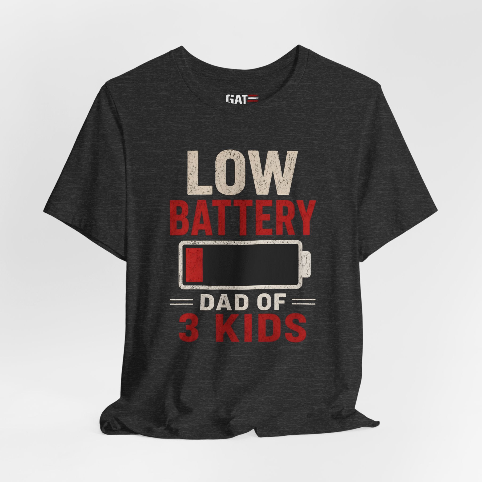 Low Battery Dad of 3 Kids Shirt, Funny Tired Dad Tee, Father of Four Gift, Parenting Humor Shirt, Exhausted Dad Graphic Tee