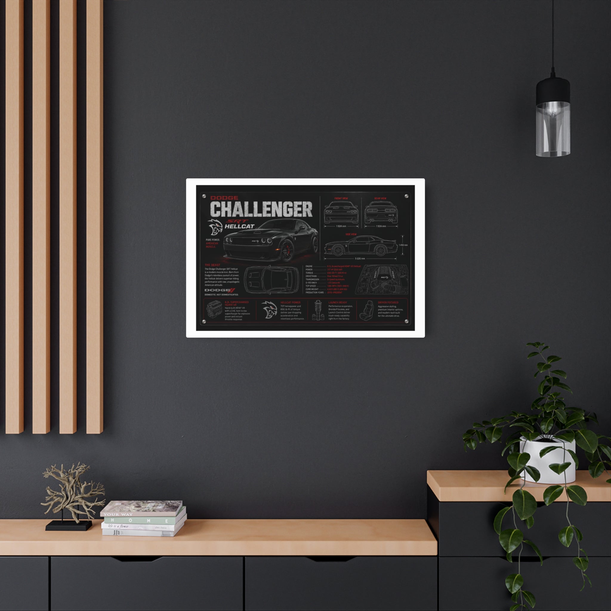 Dodge Challenger Hellcat Blueprint Metal Art Sign – Automotive Garage Poster
