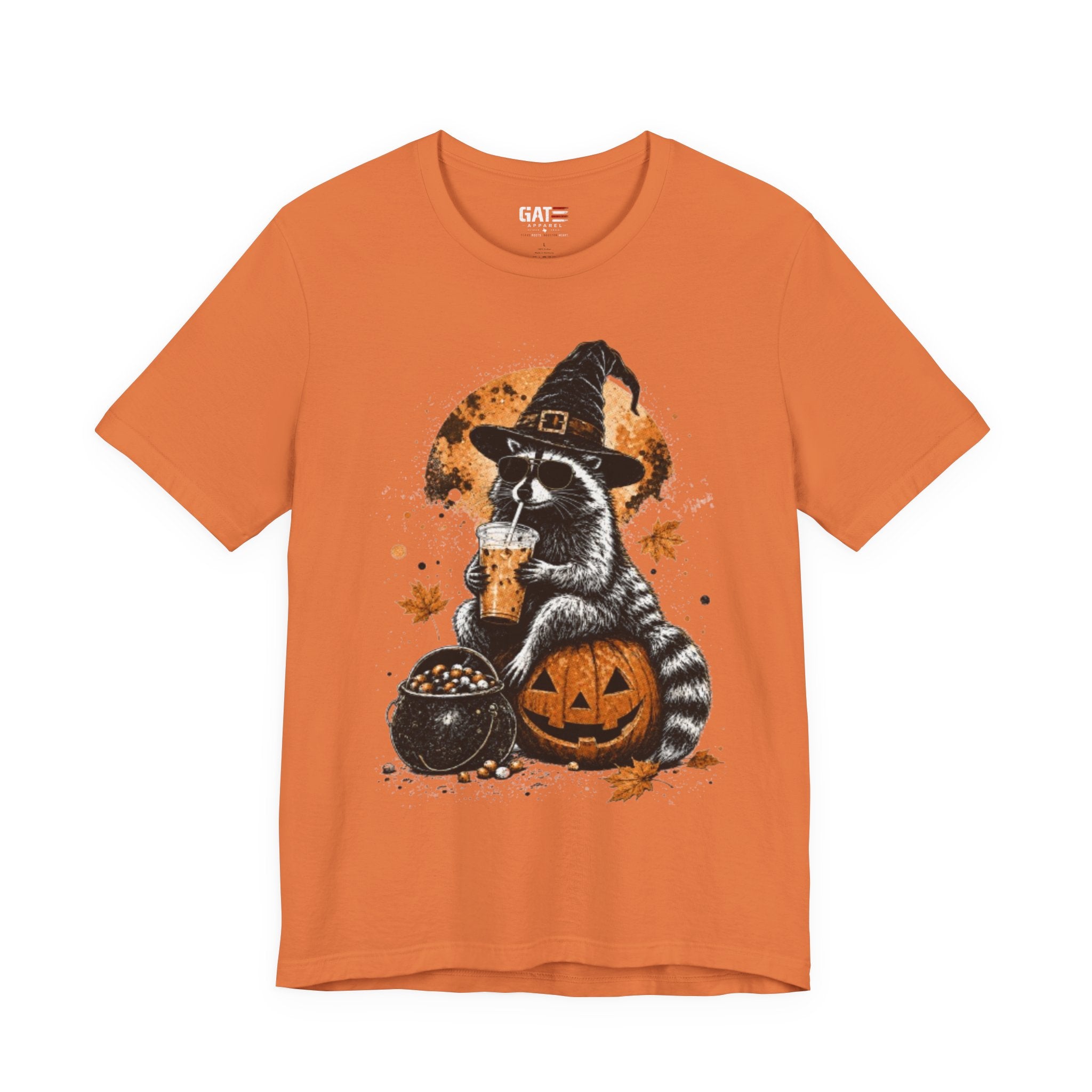 Halloween Raccoon Witch T-Shirt — Pumpkin & Cauldron Spooky Tee