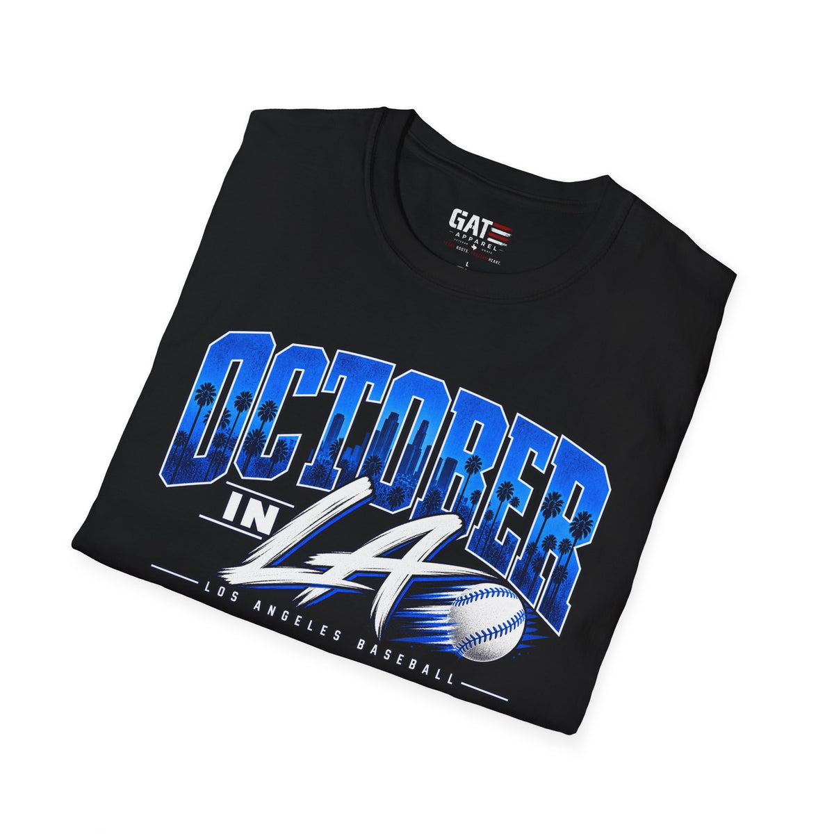 Folded black October in LA baseball graphic T-shirt, print close-up