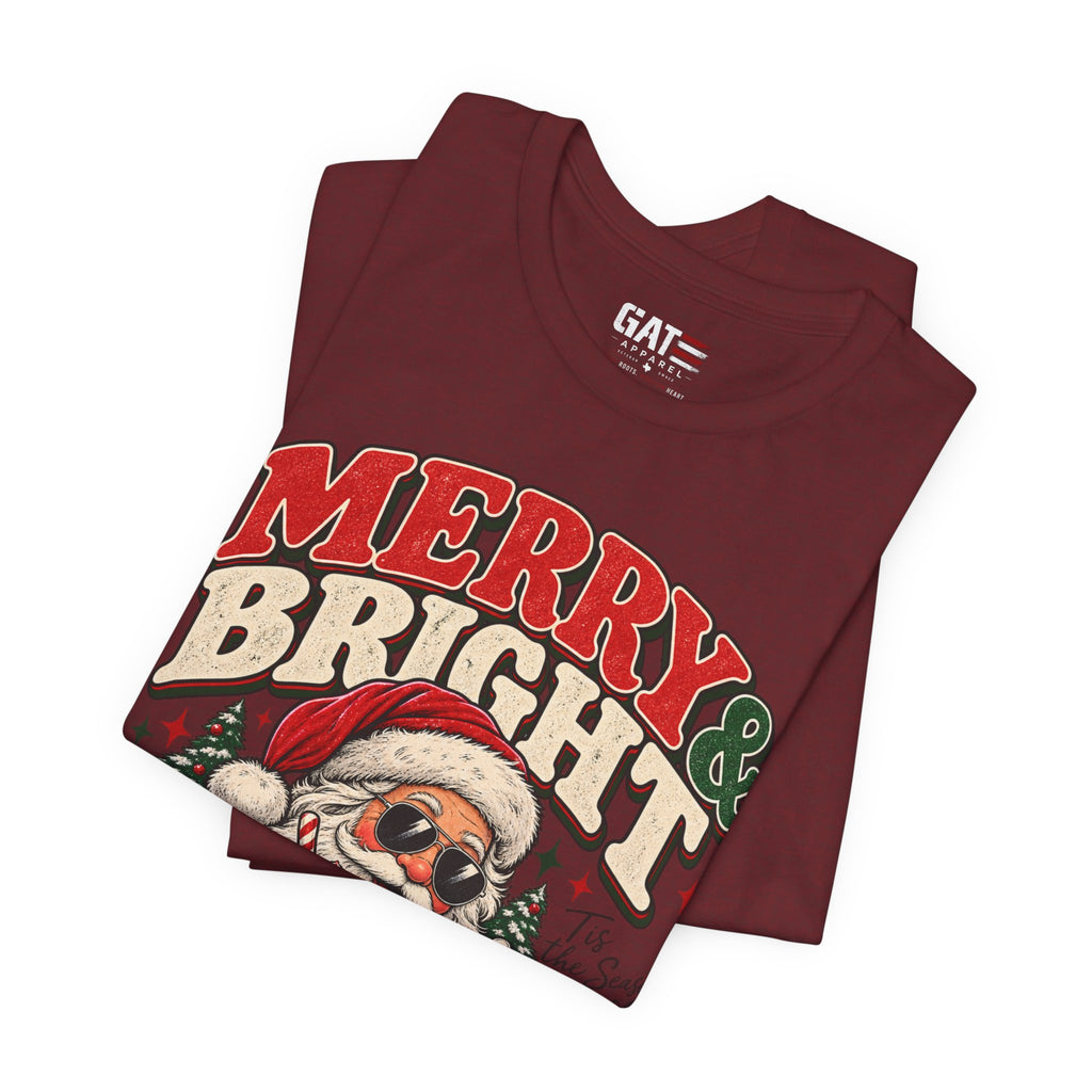 Merry & Bright Santa Tee – Retro Christmas Short Sleeve Shirt