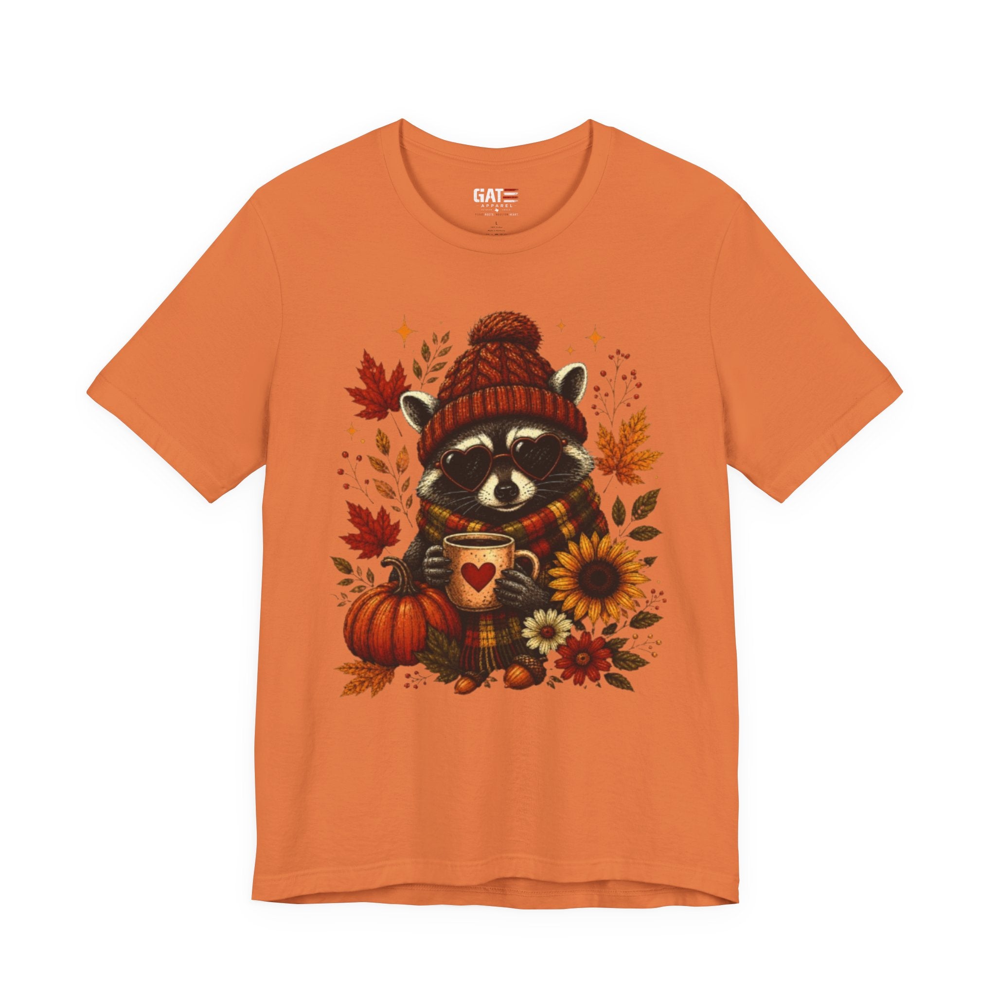 Autumn Cozy Raccoon Tee – Cute Fall Pumpkin & Hot Cocoa Shirt