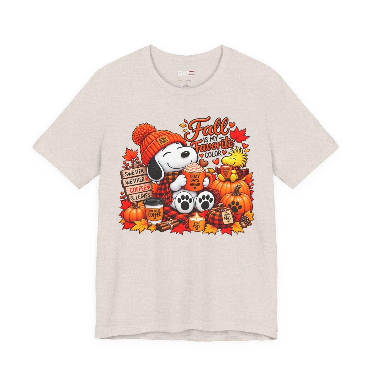 Snoopy Fall Is in the Air pumpkin graphic T-shirt, light beige front view