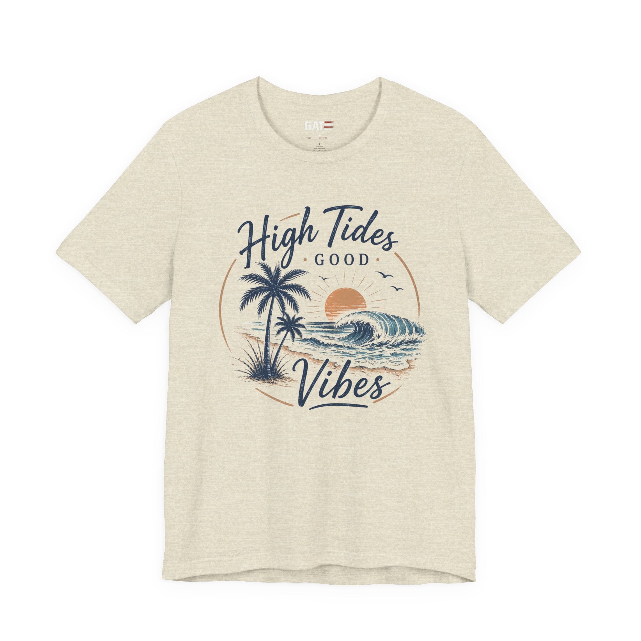 High Tides Good Vibes Beach T-Shirt — Sunset Palm Wave Graphic Tee