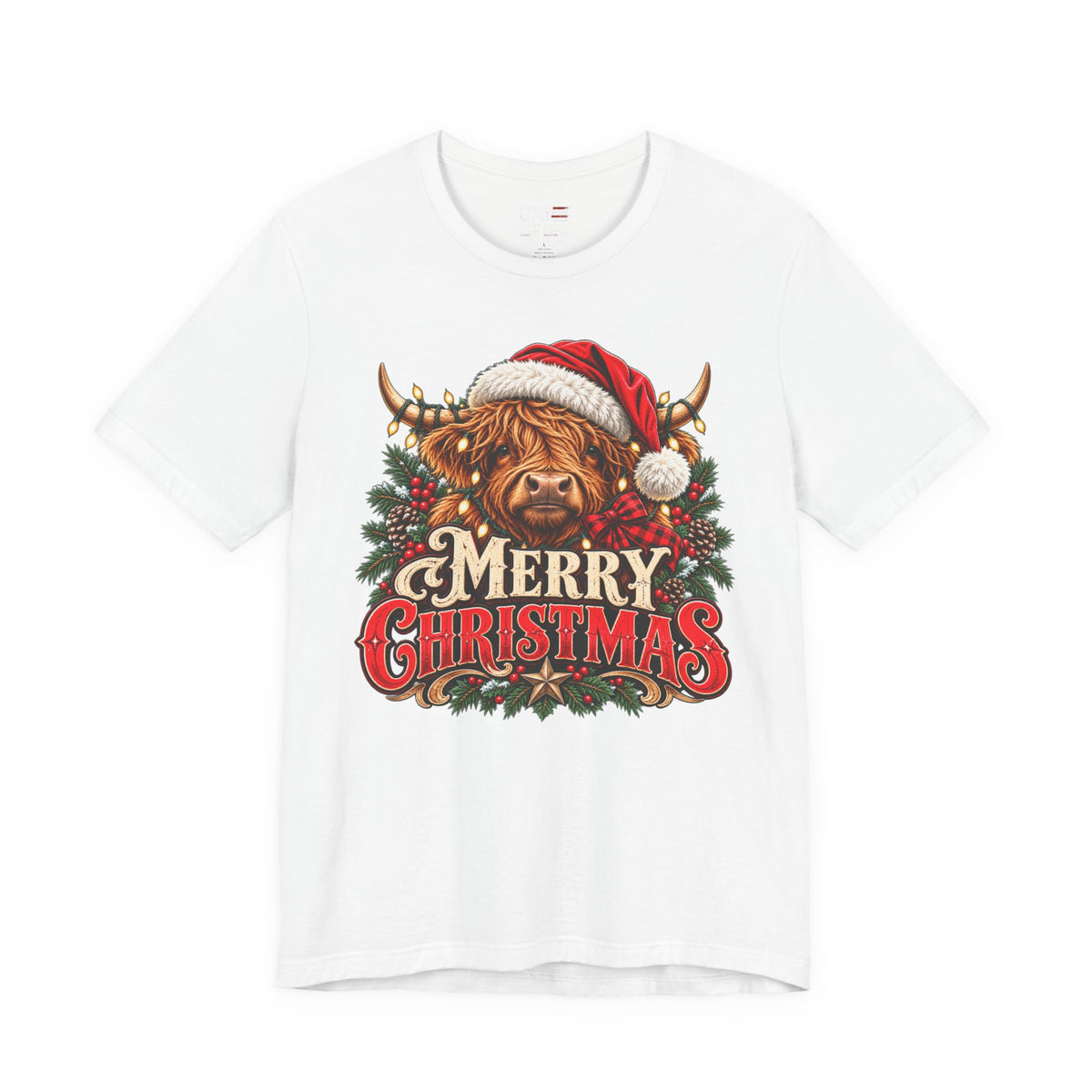 Highland cow Santa hat Merry Christmas graphic T-shirt, white front view