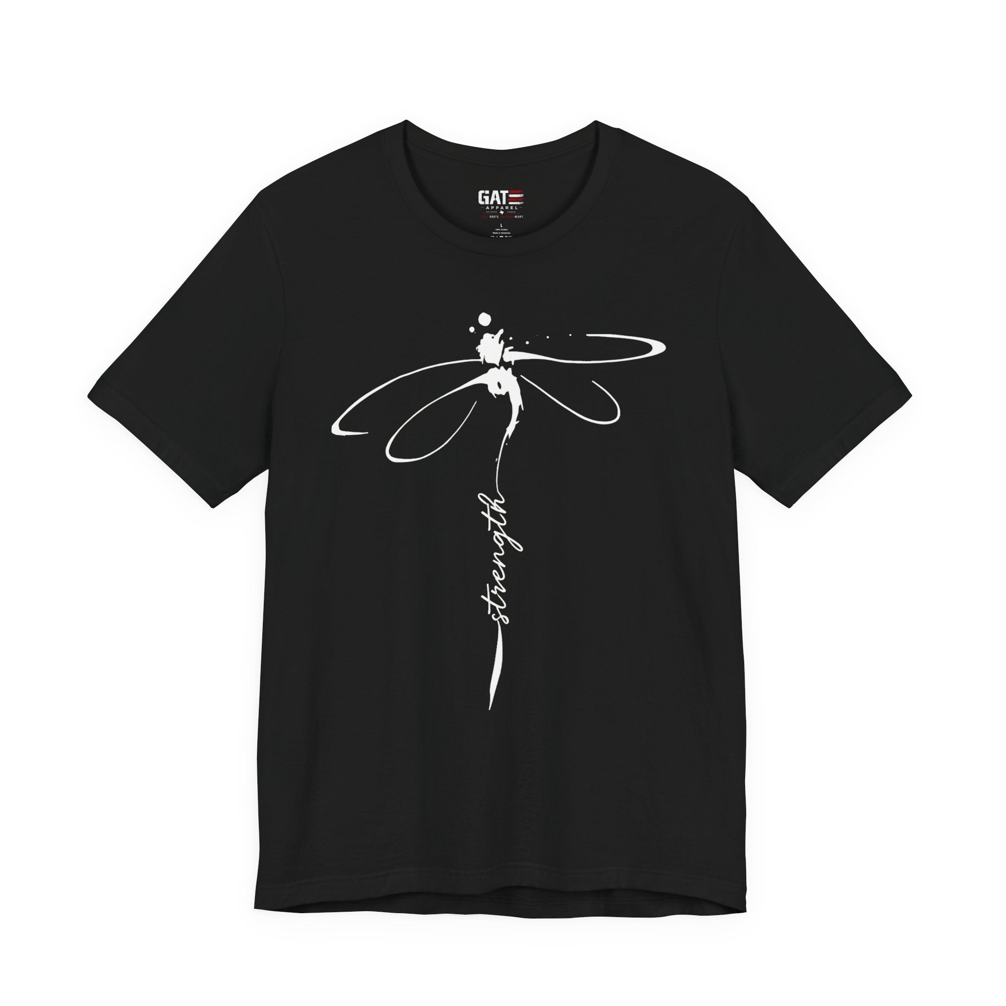Dragonfly Graphic Tee — 'Strong' Script Floral Design