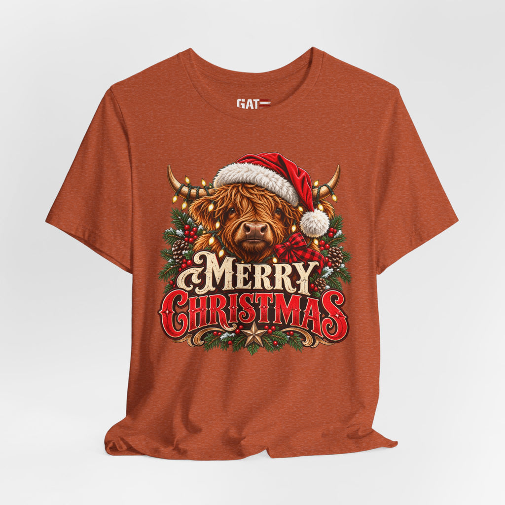burnt orange Highland cow Santa hat Merry Christmas graphic T-shirt, styled front view