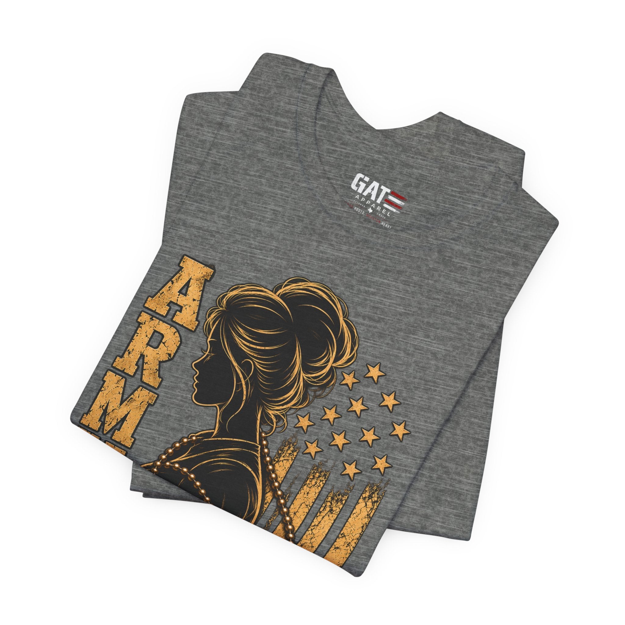 Female Army Vet Tee – Proud Military Mom Shirt with Dog Tags & American Flag
