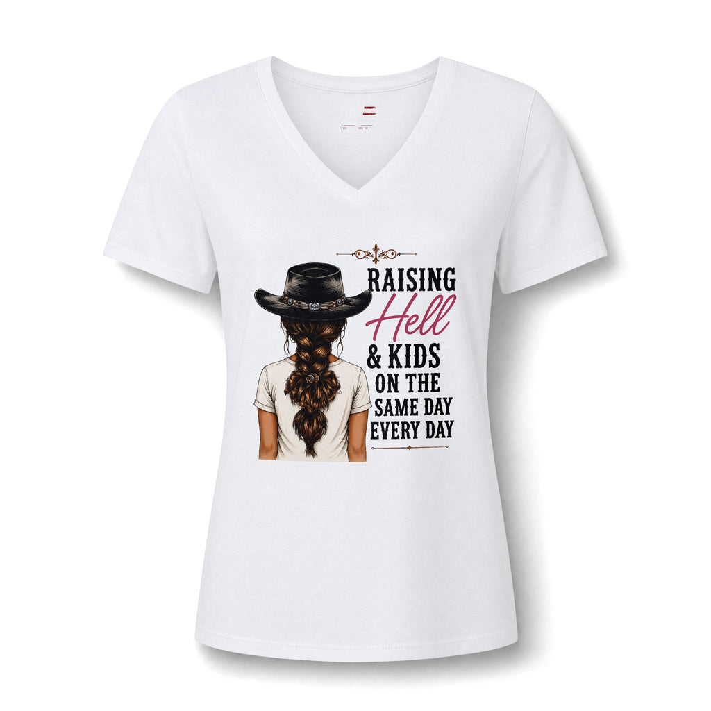 Women’s V-Neck Tee — “Raising Hell & Kids on the Same Day Every Day” Graphic