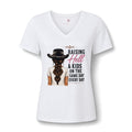 Women’s V-Neck Tee — “Raising Hell & Kids on the Same Day Every Day” Graphic
