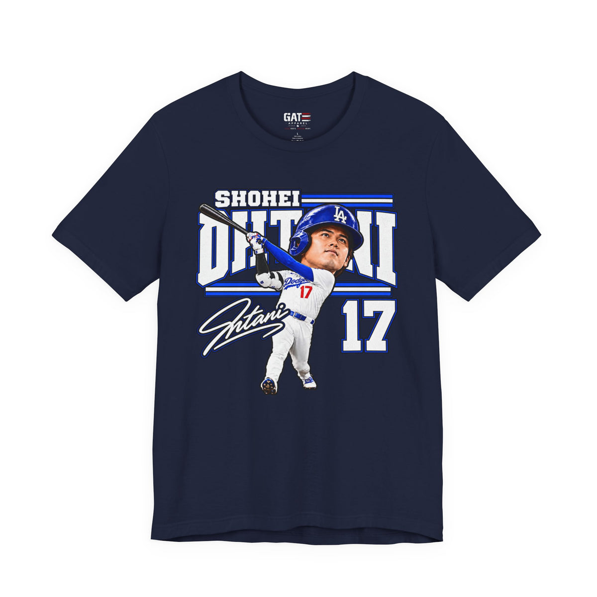 Shohei Ohtani number 17 Dodgers baseball graphic T-shirt, navy front view