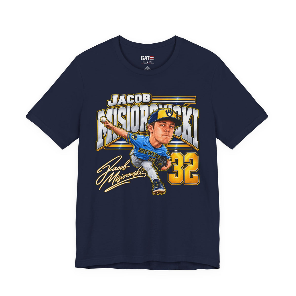 Jacob Misiorowski number 32 Brewers baseball graphic T-shirt, navy front view