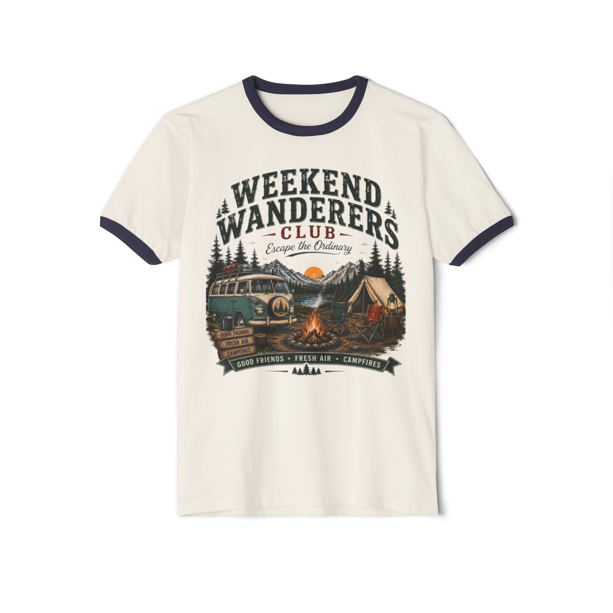 Weekend Wanderers Club Ringer Tee – Vintage Camping Van & Campfire T-Shirt
