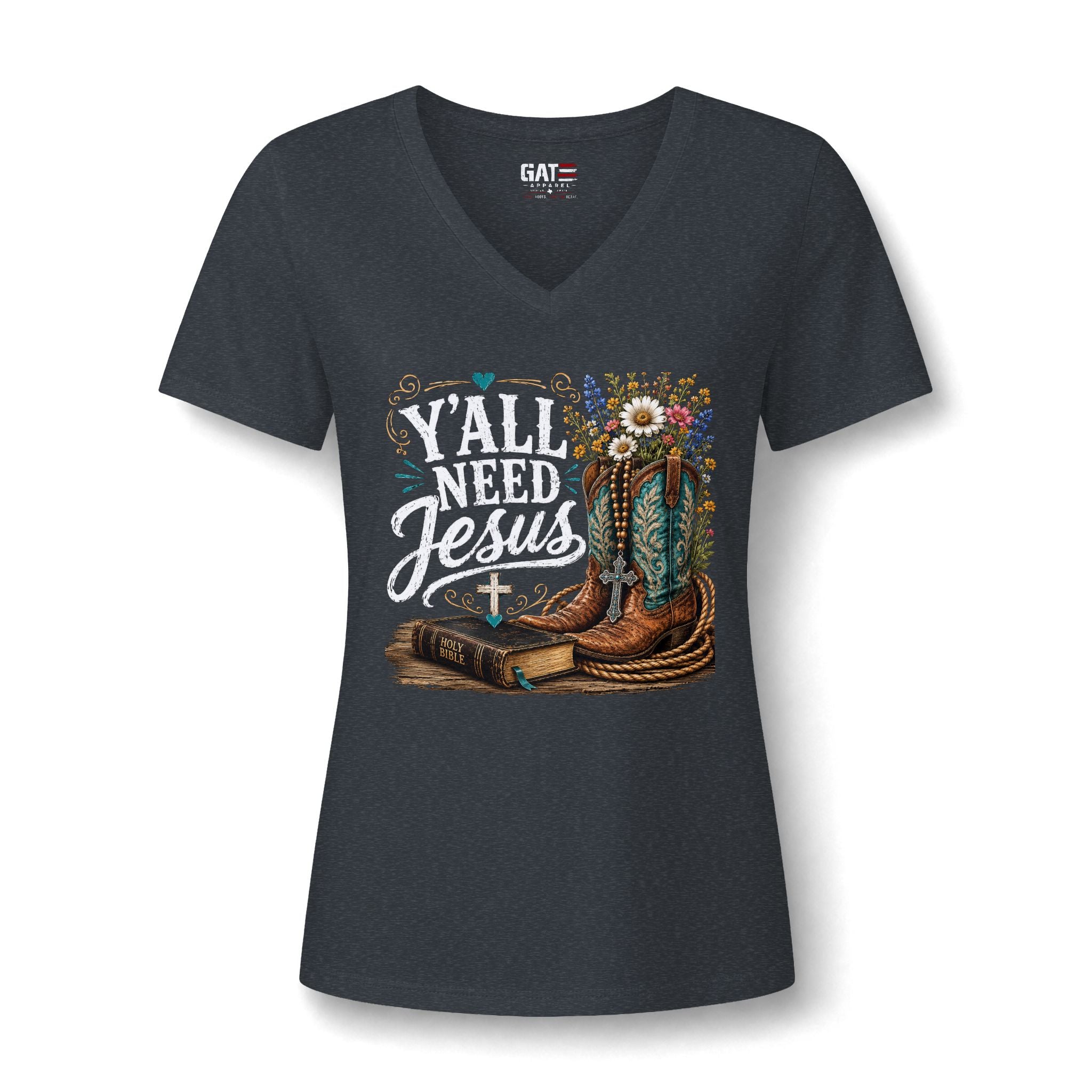 Y'all Need Jesus V-Neck Tee - Western Boots & Bible Christian Shirt