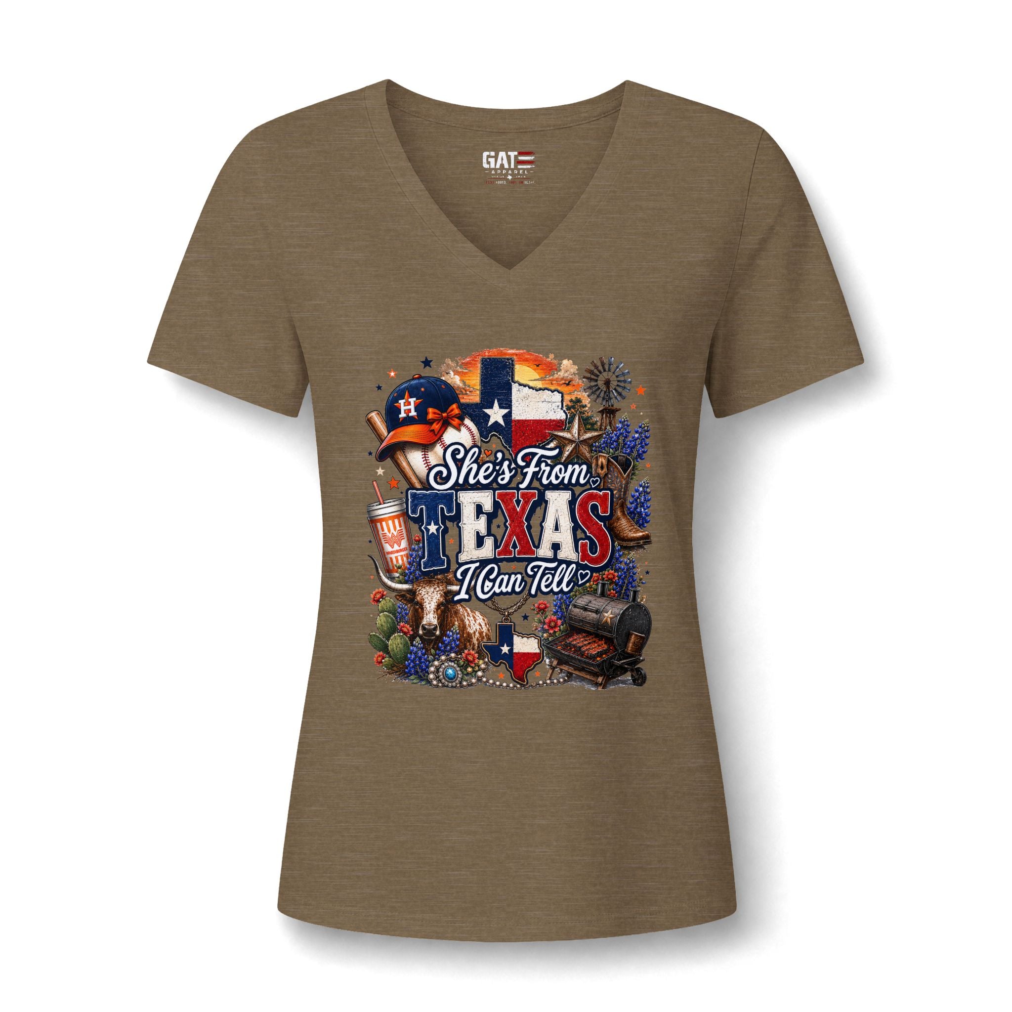 Texas Pride V-Neck Tee — "She's From Texas I Can Tell" Women's Relaxed Shirt
