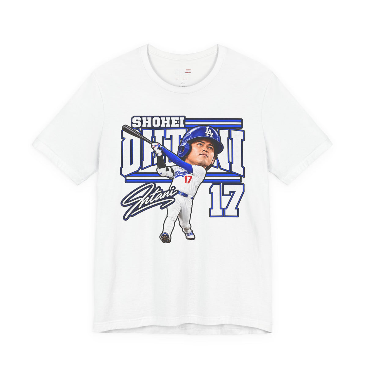 Shohei Ohtani number 17 Dodgers baseball graphic T-shirt, white front view