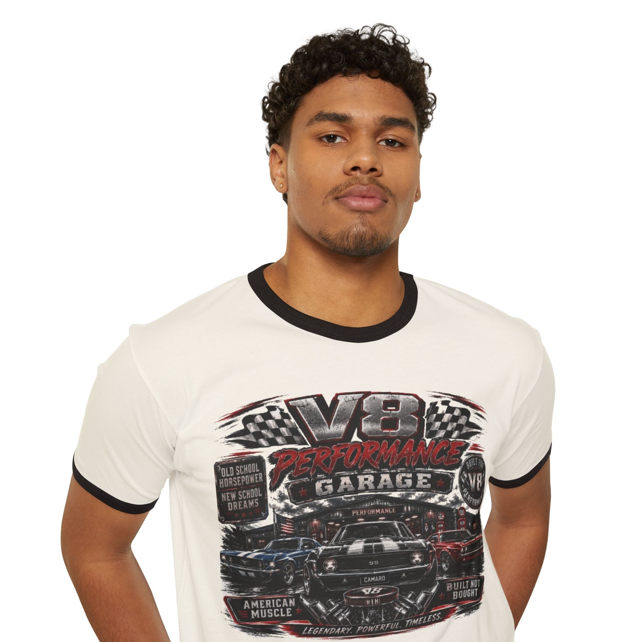 Vintage V8 Garage Ringer Tee – Classic Car Mechanic Shirt