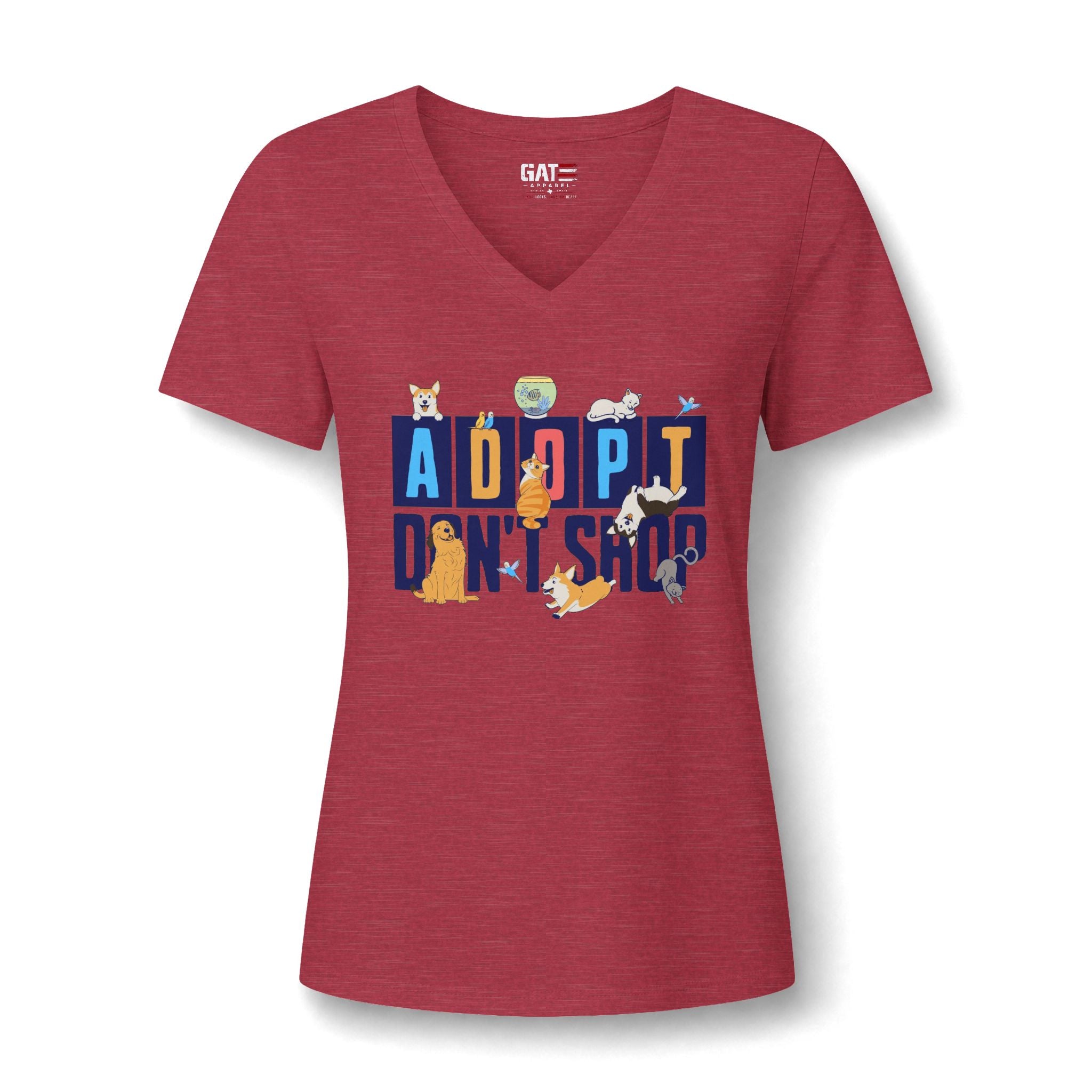 Adopt Don’t Shop V-Neck Tee — Women’s Rescue Pet Adoption Shirt
