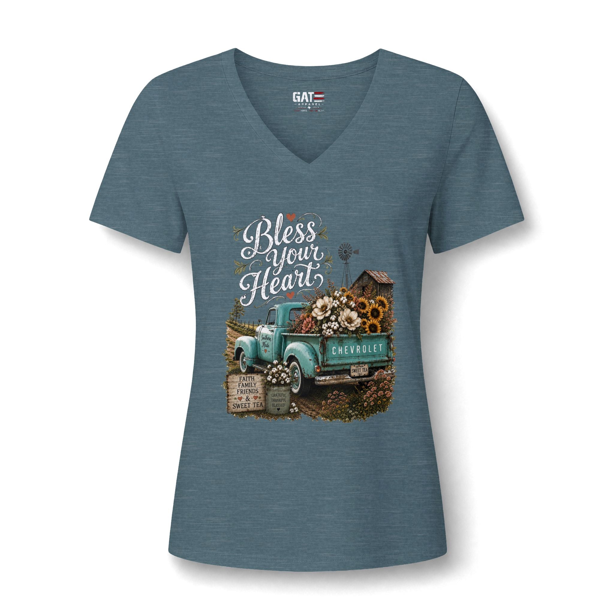 Vintage Blue Truck Sunflower V-Neck Tee — Farmhouse Floral Women's Shirt