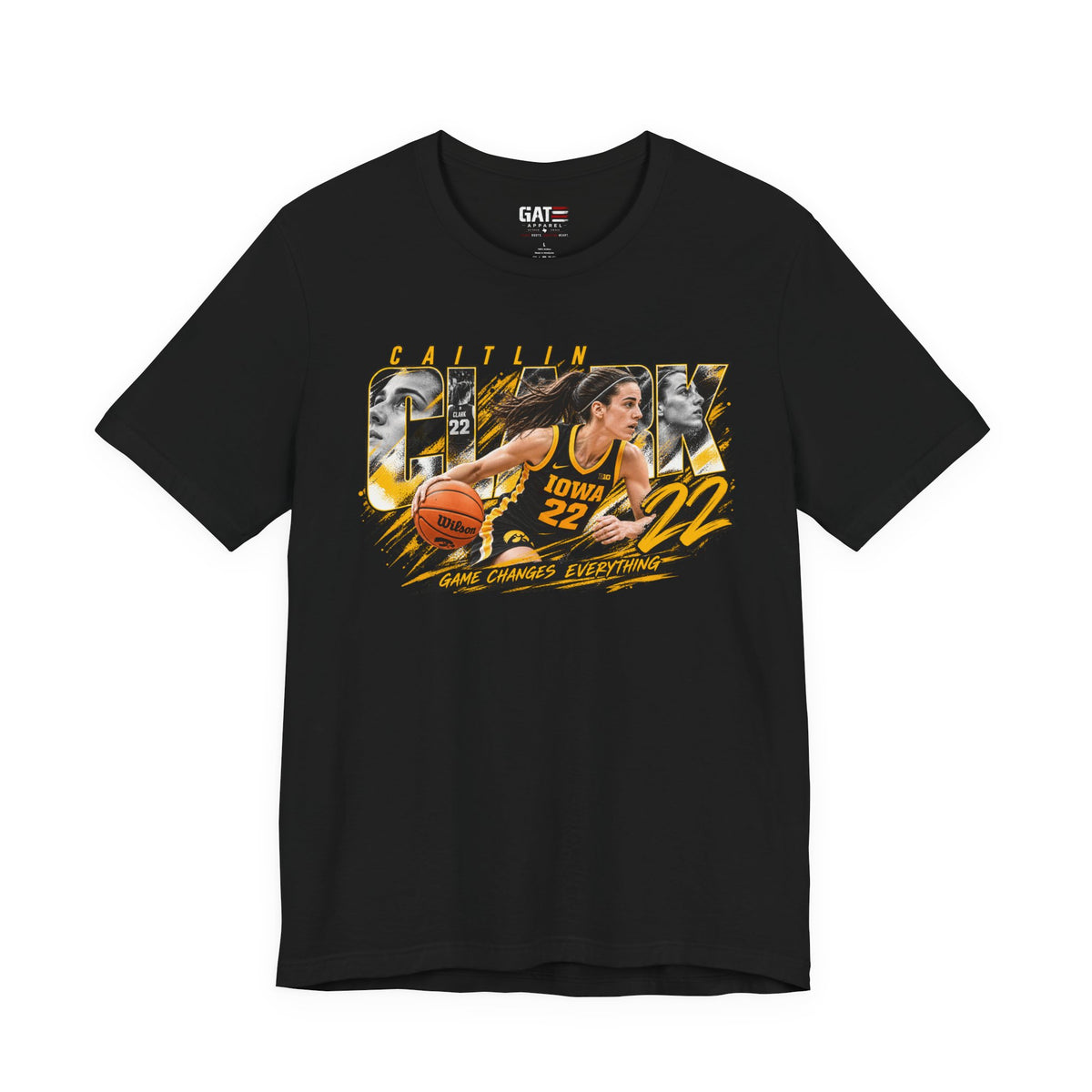 Caitlin Clark basketball player graphic T-shirt, black front view