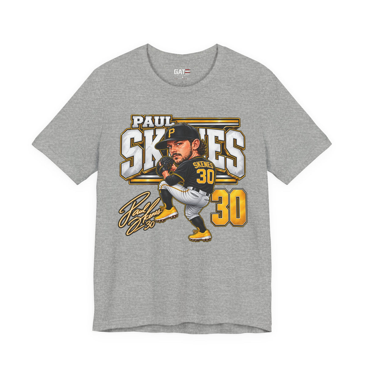Paul Skenes number 30 Pirates baseball graphic T-shirt, heather grey front view