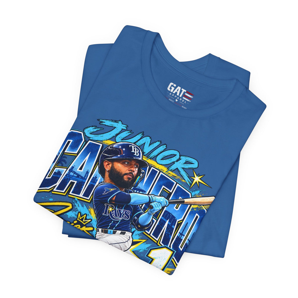 Folded blue Junior Caminero Rays baseball graphic T-shirt, print close-up