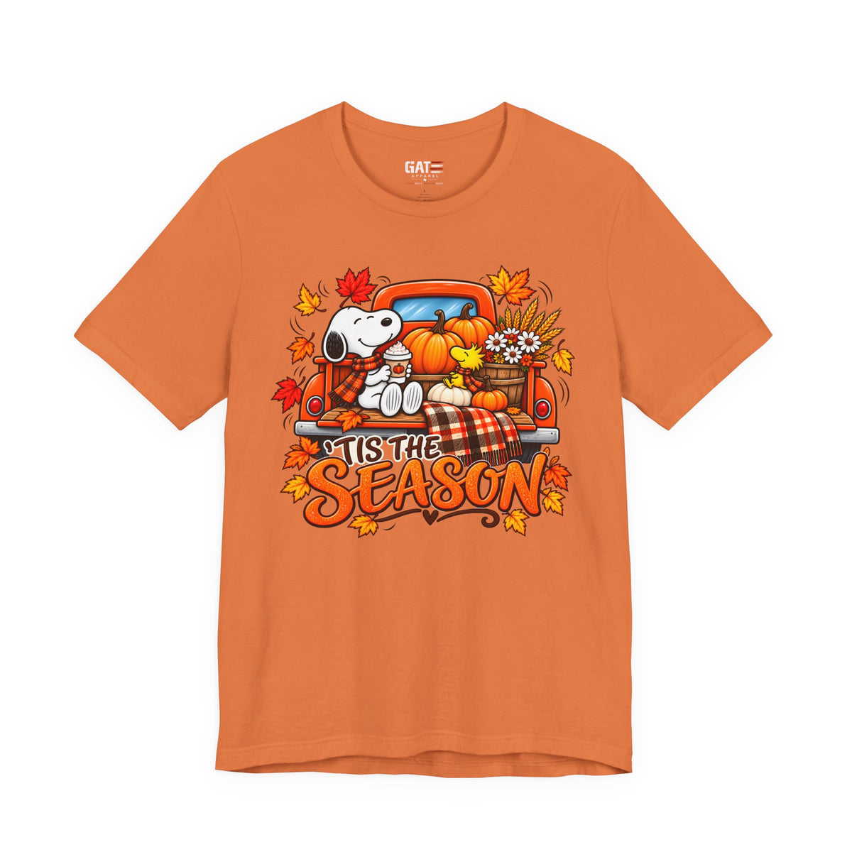 Snoopy pumpkin truck Tis the Season fall graphic T-shirt, orange front view